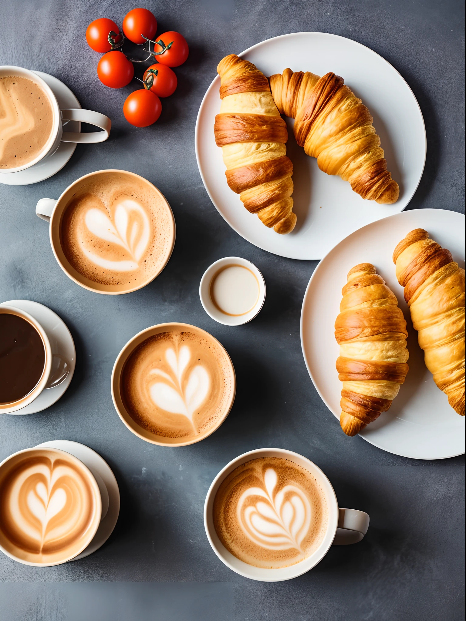 3D a croissant milk breakfast with potato,cheese and tomato and a cuo.of coffee on ghe table