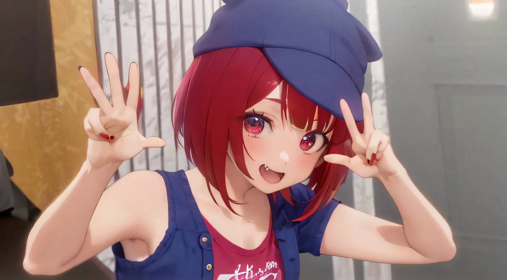Live Stage, kawaii pose, Red hair color and short bob hair, Cute One Girl, Wearing a dark blue hat, Red Eyes