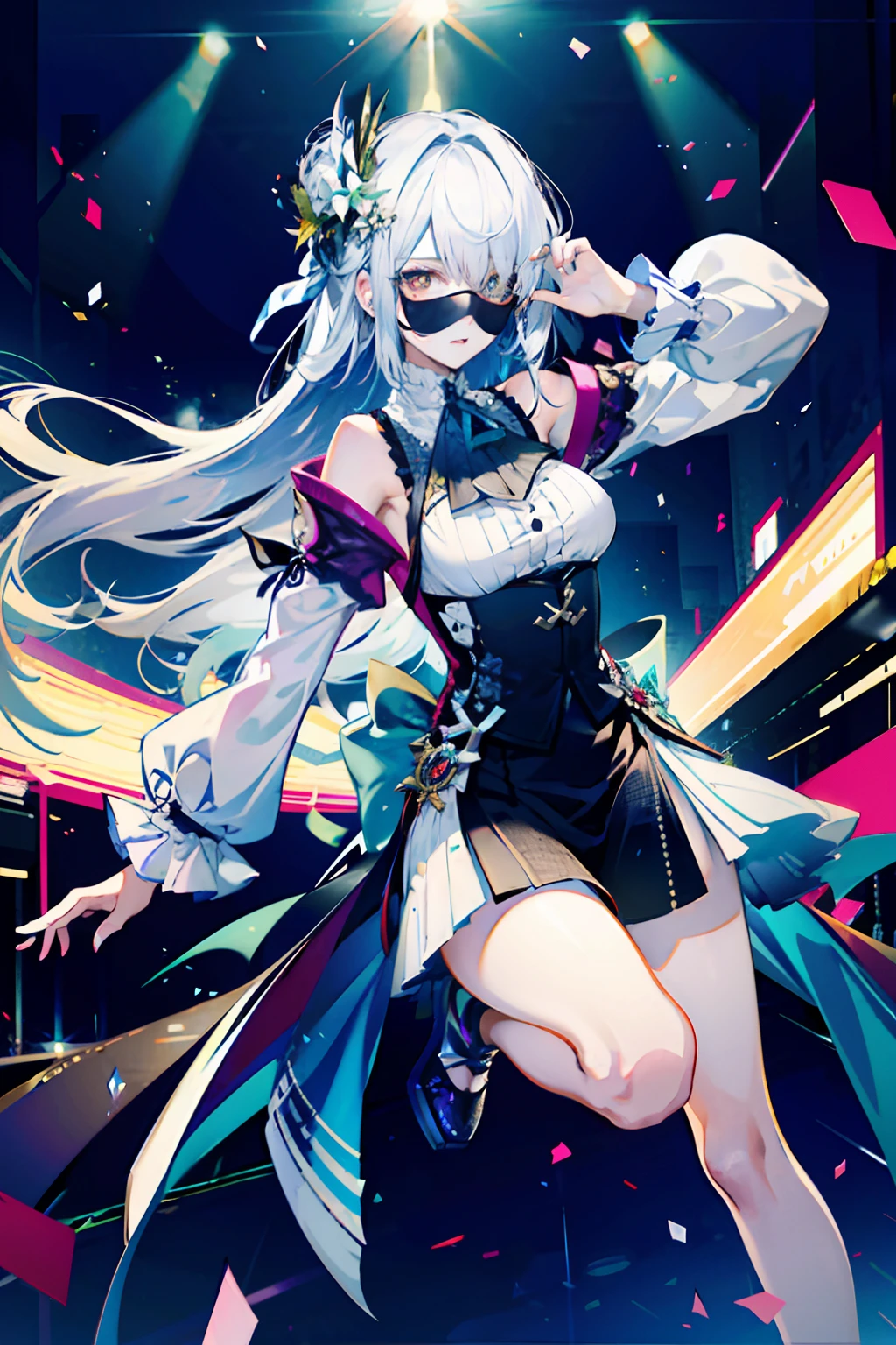 (best quality, detailed background, highres, absurdres, bloom, disheveled hair, shiny hair, exposed in lighting, bright pupils),
1girl, focus on leg, earpiece, long hair, silver hair, large_breasts, action_pose, standing, arms behind back, stage, spotlight, glass ceiling, at mountains
shenhe \(genshin impact\), hair_ornament, hair over one eye, designer dress, dutch_angle,
