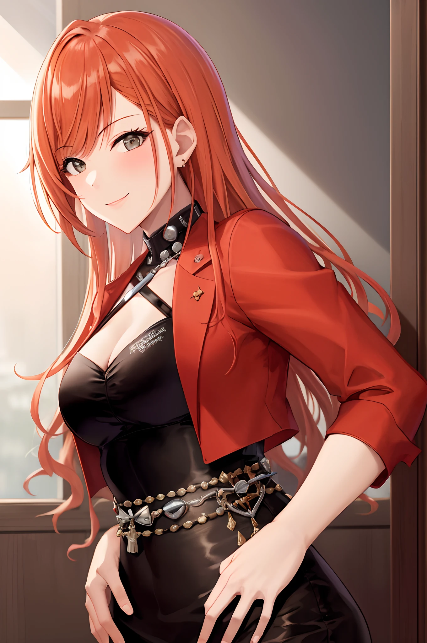 masterpiece, best quality, arisugawa natusha, 1girl, solo, standing, smile, bangs, indoors, long hair, orange hair, looking at viewer, red jacket, black dress, hands on waist, blurry background, medium breasts, upper body, portrait, cowboy shot