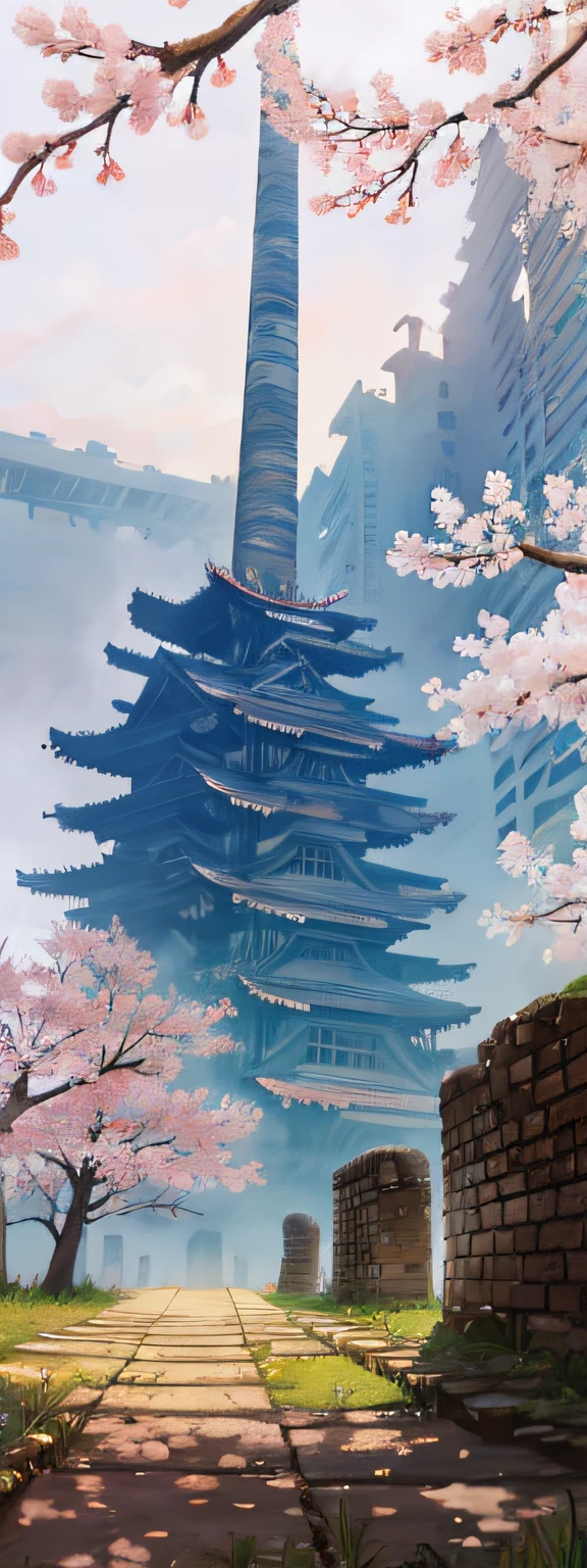 a ruin dead city and a lot of sakura tree, a couple walking