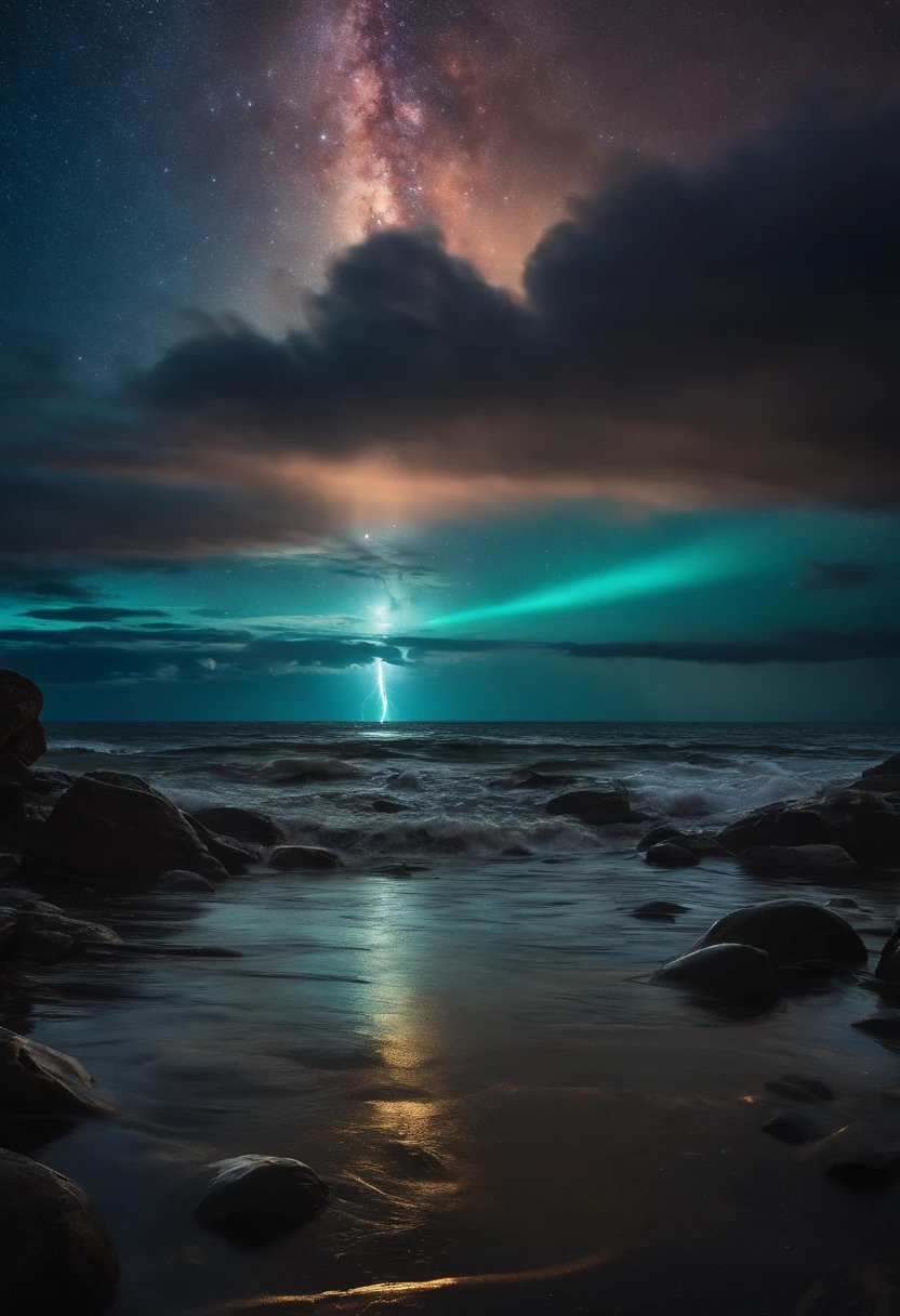 Water, Sea, dark sky, Rain, Stars, starfall, Galaxy