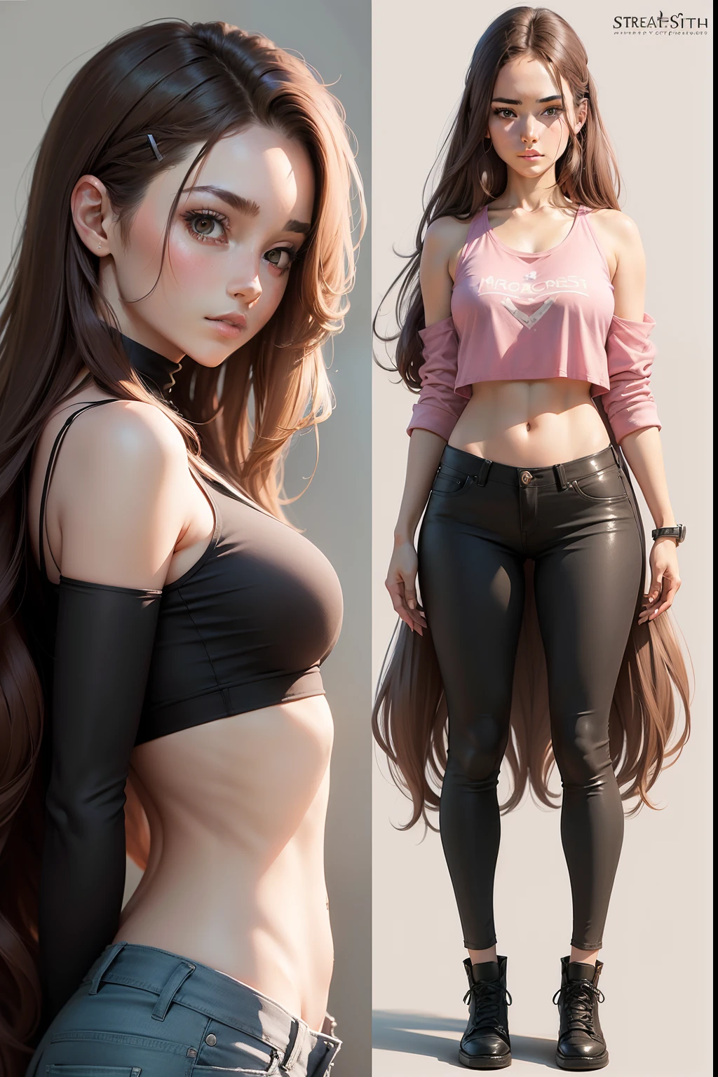 (draw) ((masterpiece, best quality)) (character design sheet, same character, front, side, back, with words written around it) a girl with long, brown hair and a straith hairstyle, brown eyes,, a pink crop top and black jeans, standing relaxing