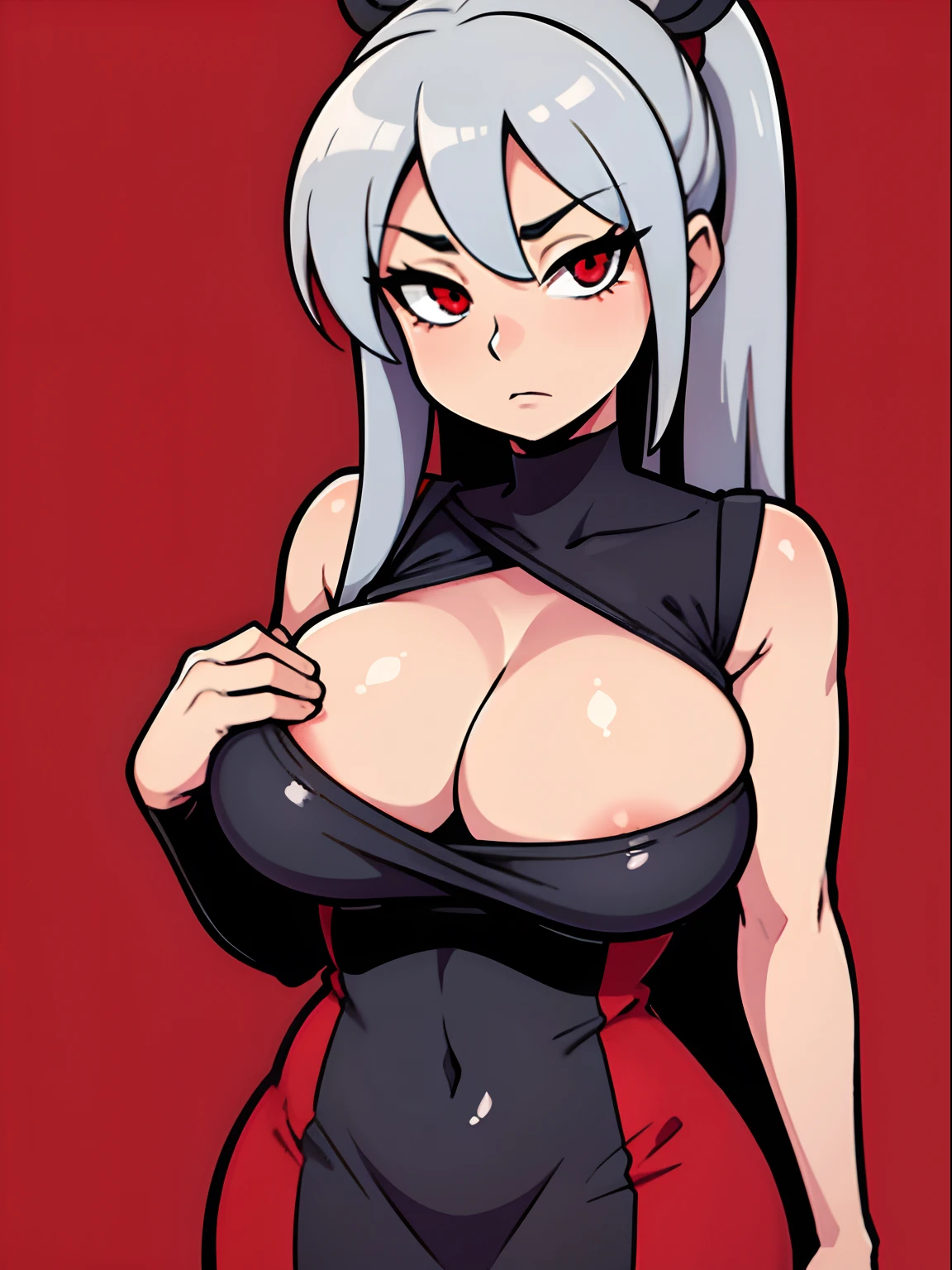 (best-quality:0.8), (best-quality:0.8), 1girl, grey hair, red eyes, big boobs, sexy dress, cleavage visible, plain color background, looking at me