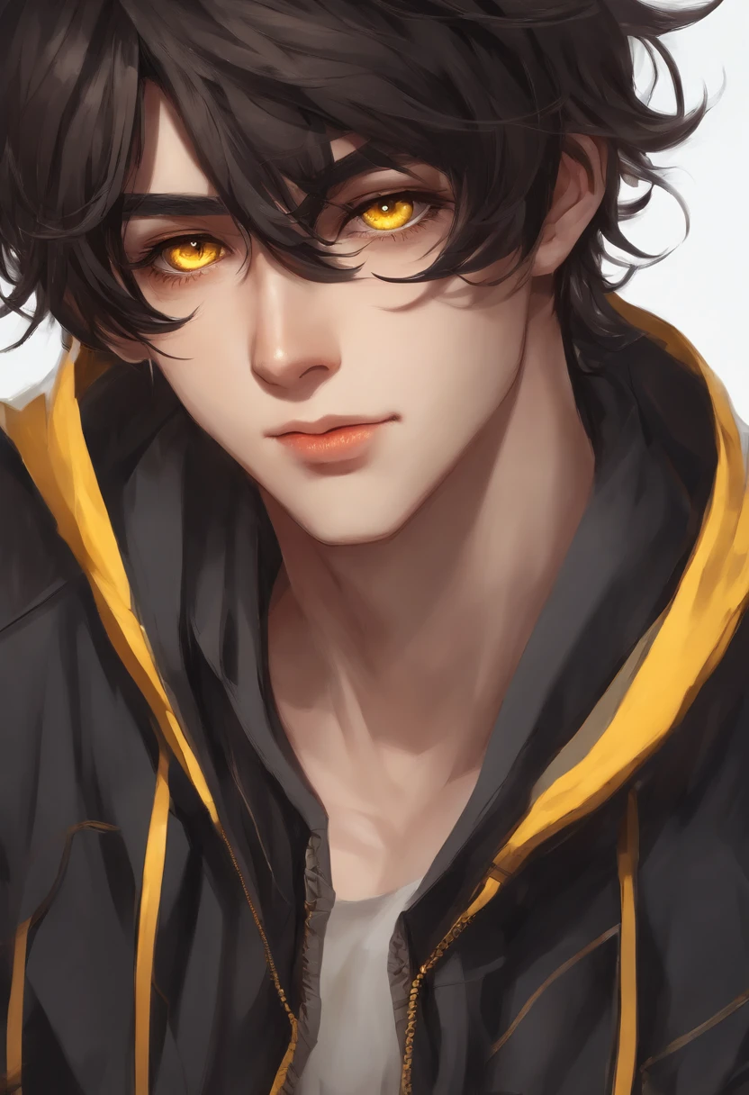 Anime man with yellow eyes and black hair in a black and yellow hoodie, a character portrait inspired by Bian Shoumin, pixiv contest winner, Realism, High Quality Anime Art Style, Guviz-style artwork, Digital anime illustration, anime style character, Anime style portrait, Male anime style, Anime boy, highly detailed exquisite fanart, High-quality fanart , Brown hazel eyes