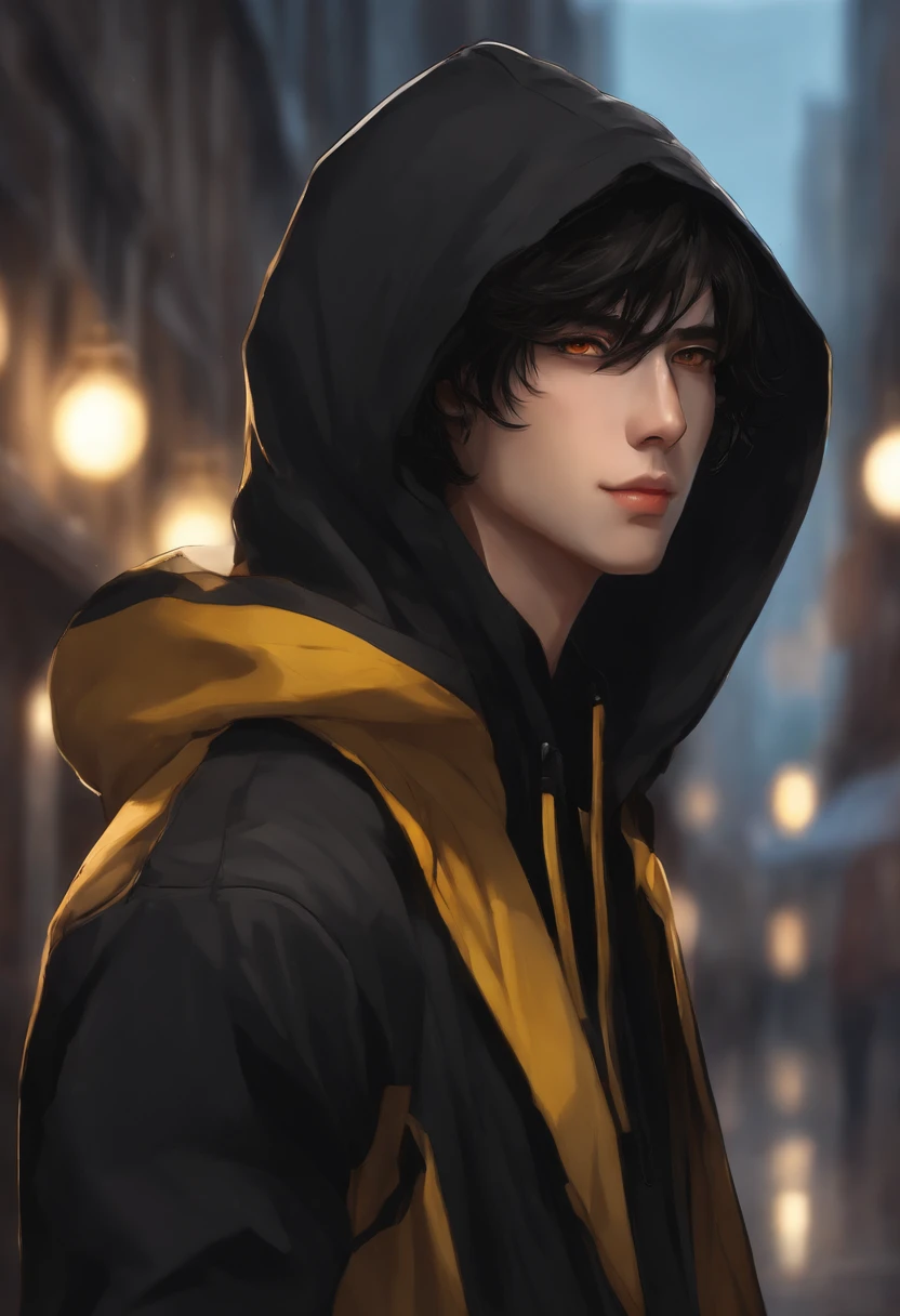 Anime man with yellow eyes and black hair in a black and yellow hoodie, a character portrait inspired by Bian Shoumin, pixiv contest winner, Realism, High Quality Anime Art Style, Guviz-style artwork, Digital anime illustration, anime style character, Anime style portrait, Male anime style, Anime boy, highly detailed exquisite fanart, High-quality fanart , Brown hazel eyes