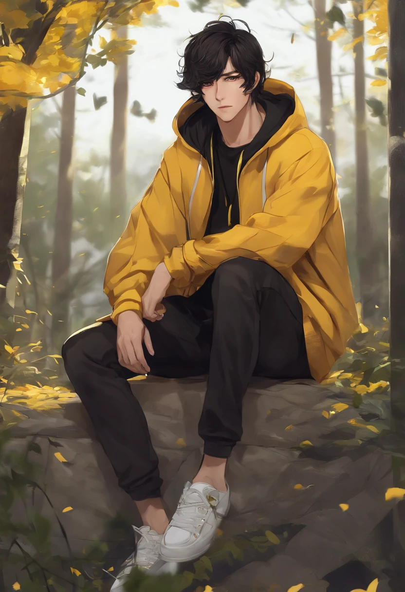 Anime man with yellow eyes and black hair in a black and yellow hoodie, a character portrait inspired by Bian Shoumin, pixiv contest winner, Realism, High Quality Anime Art Style, Guviz-style artwork, Digital anime illustration, anime style character, Anime style portrait, Male anime style, Anime boy, highly detailed exquisite fanart, High-quality fanart , Brown hazel eyes