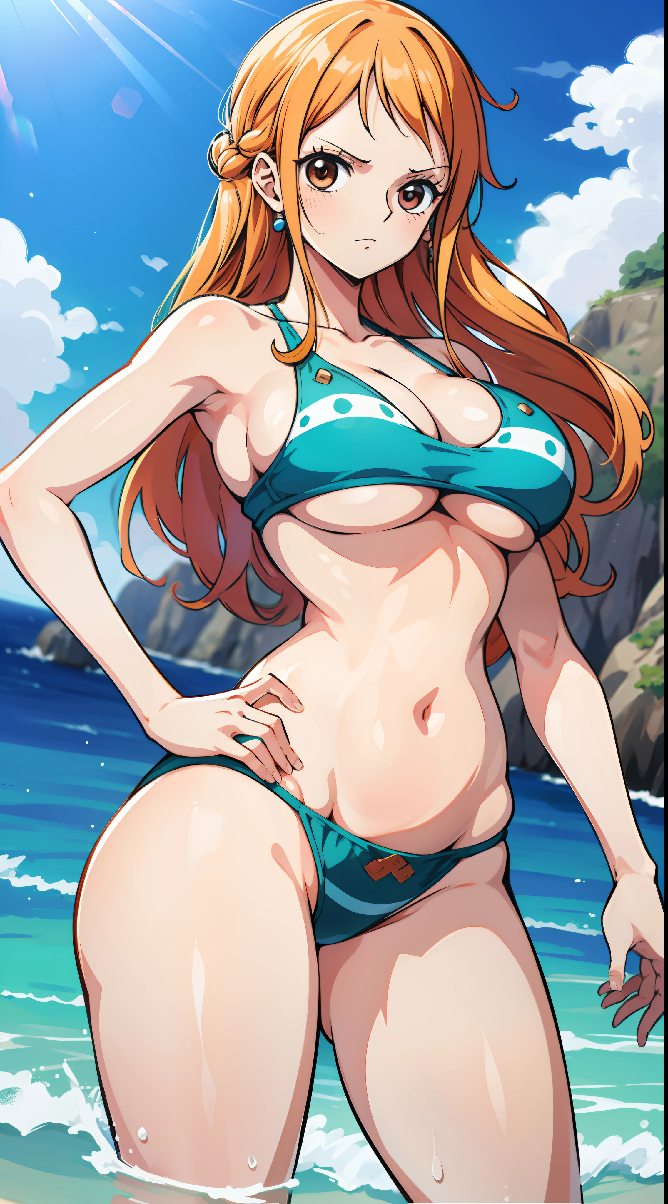Gere uma imagem realista no estilo anime de Nami de One Piece.(mulher madura rosto maduro) (De corpo inteiro e biquini ) corpo musculoso e definido, binda giganre e peitos gigantes , pose sexy, axilas a mostra, (na praia),Capture seu visual diferenciado com o cabelo laranja, Arremesso longo , corpo inteiro, Athletic curvilinear, mama grande, coxas,