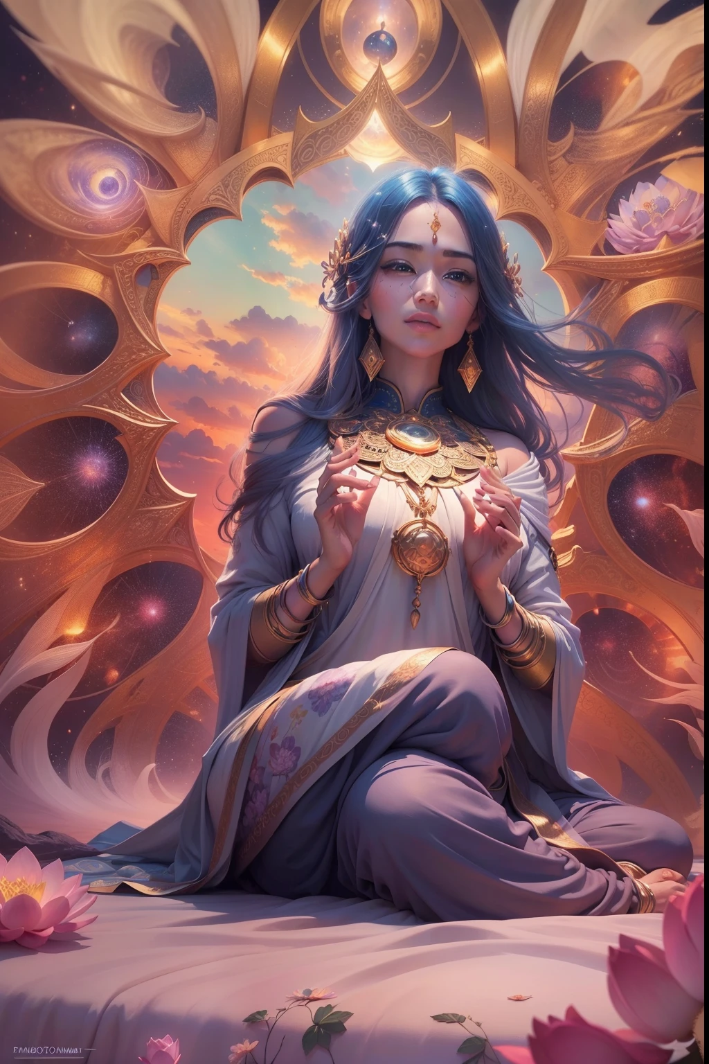 A woman sitting in a lotus position, 🪔 🎨;🌞🌄, 😃😀😄☺🙃😉😗, Meme Tuma, on the astral plane ) ) ), 8K)), Drawings, Memes, 🚀🚀🚀, ¯_(ツ)_/¯, Very cohesive image(high quality image,8k resolution,masterpiece:1.2), ultra-detailed, (realistic,photorealistic,photo-realistic:1.37), portrait, sunset, calming, vibrant colors, soft lighting, detailed facial features, flowing hair, mystical atmosphere, divine glow, peaceful surroundings, surreal scenery, lotus flowers blooming, ethereal beauty, tranquil environment, focused concentration, blissful serenity, relaxing ambiance, meditative state, spiritual energy, harmonious composition, expressive eyes, serene expression, inner peace, cosmic harmony, radiant aura.