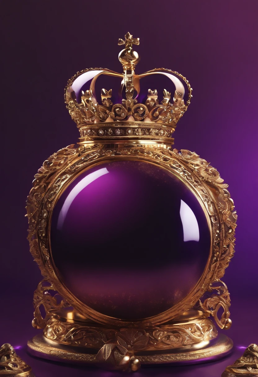 crie uma logo empresarial com formato de uma coroa dourada com o nome da marca "Real bombons" em roxo na base, e um bombom roxo em cada ponta.