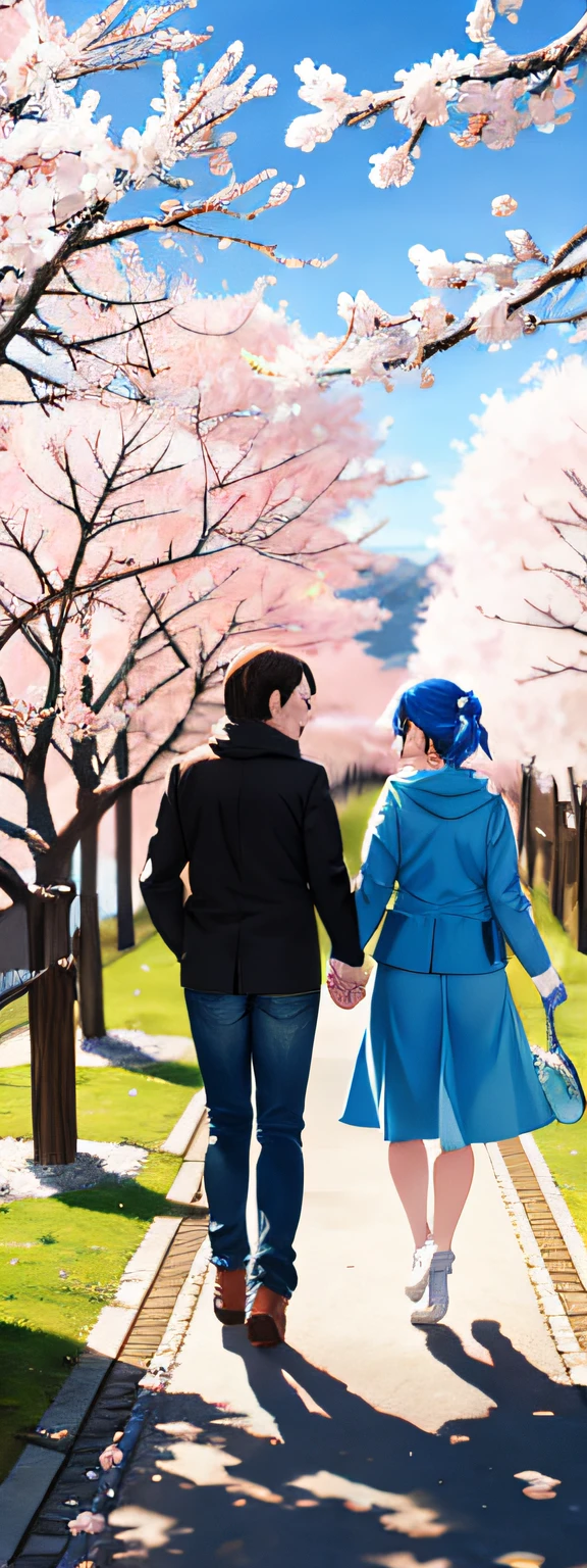 in a bright blue sky, a couple is walking hand in hand, sakura trees all around, birds flying, 4k, ultra realistic