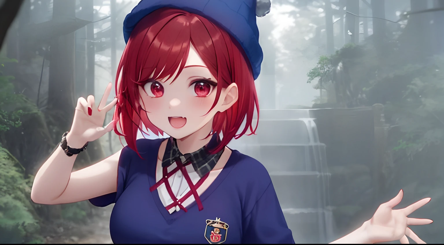 Live Stage, kawaii pose, Red hair color and short bob hair, Cute One Girl, Wearing a dark blue hat, Red Eyes, Dynamic Angle, beautiful forest