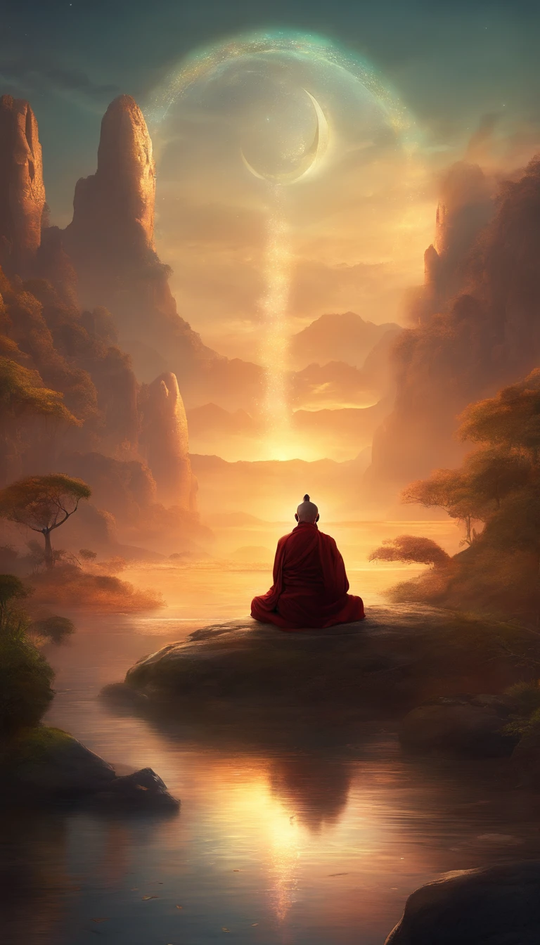 An old monk sits on a large rock,Extremely old monk,(Pray in a lotus pose),Buddhist monk meditation, On the road to enlightenment, Man has a deep connection with God, Zen meditation,Brown robe,(rear view),from back,Post-solution,Great light,buddhism,beautiful image,epic cinematic shot,8k,