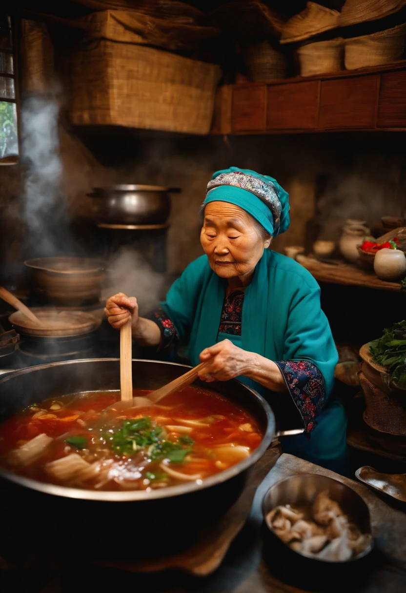 Chinese grandma cooking soup
