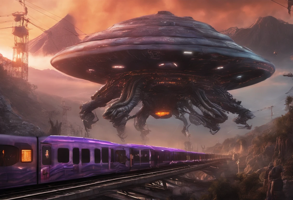 Burning train passing through a mountain as aliens invade the city in the background behind, los alienes vienen en platillos voladores, la ciudad tiene que resaltar
