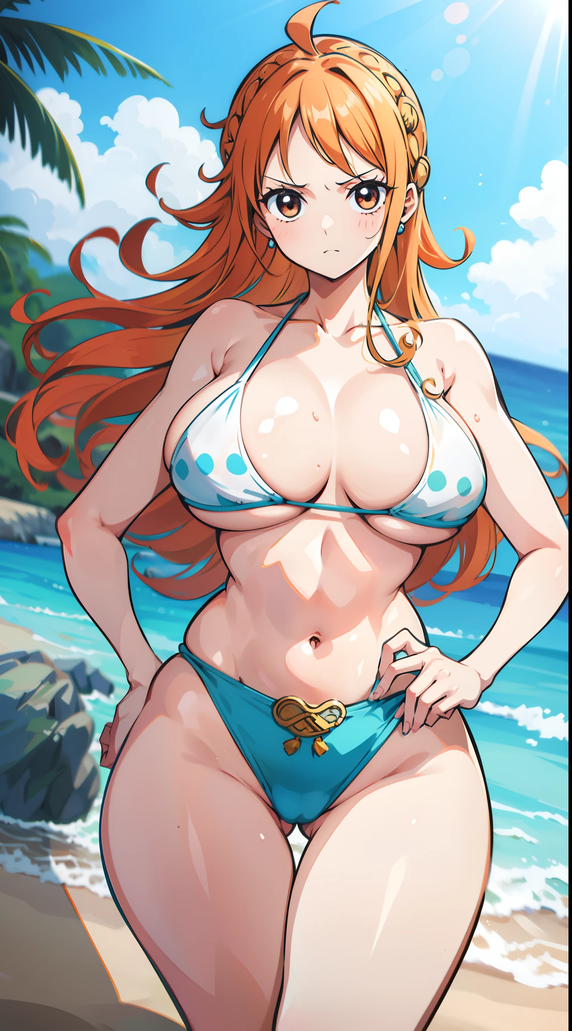 Gere uma imagem realista no estilo anime de Nami de One Piece.(mulher madura rosto maduro) (De corpo inteiro e biquini ) corpo musculoso e definido, binda giganre e peitos gigantes , pose sexy, axilas a mostra, (na praia),Capture seu visual diferenciado com o cabelo laranja, Arremesso longo , corpo inteiro, Athletic curvilinear, mama grande, coxas,