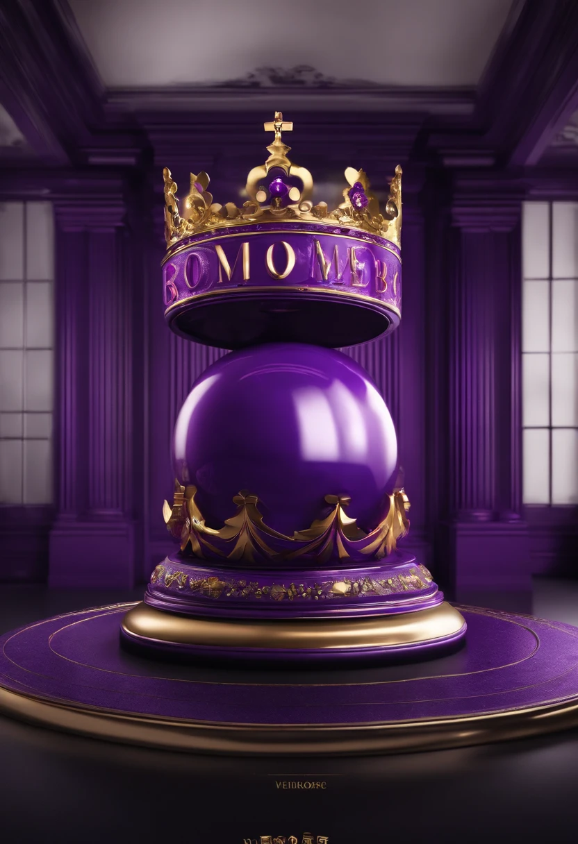 crie uma logo empresarial com uma coroa dourada com o nome da marca "Real bombons" em roxo na base, e um bombom roxo em cada ponta.