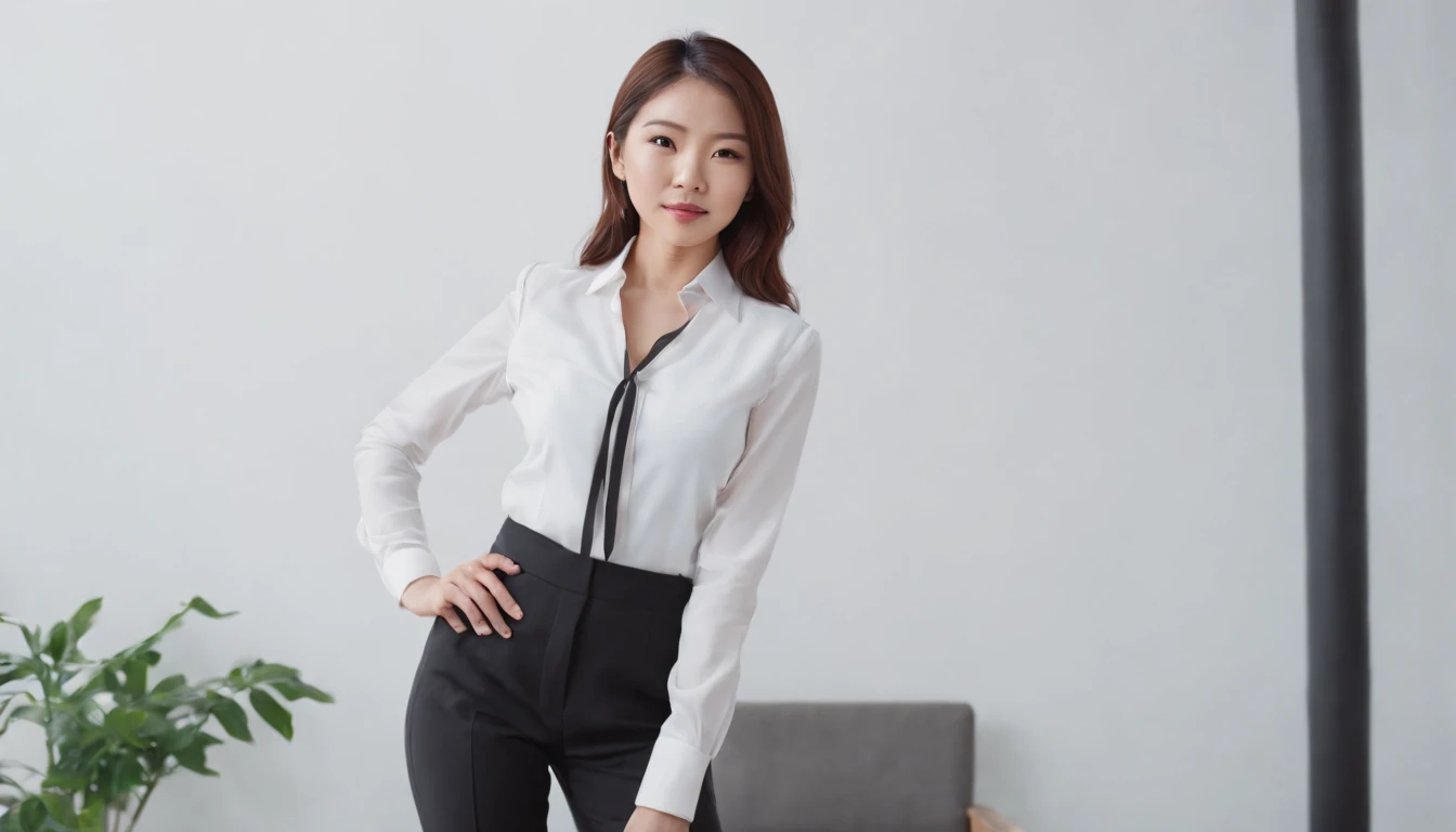 Japanese Business woman in a black suit, white shirt and black pants posing suit for a picture on the white backround, Business woman in a black suit, white shirt