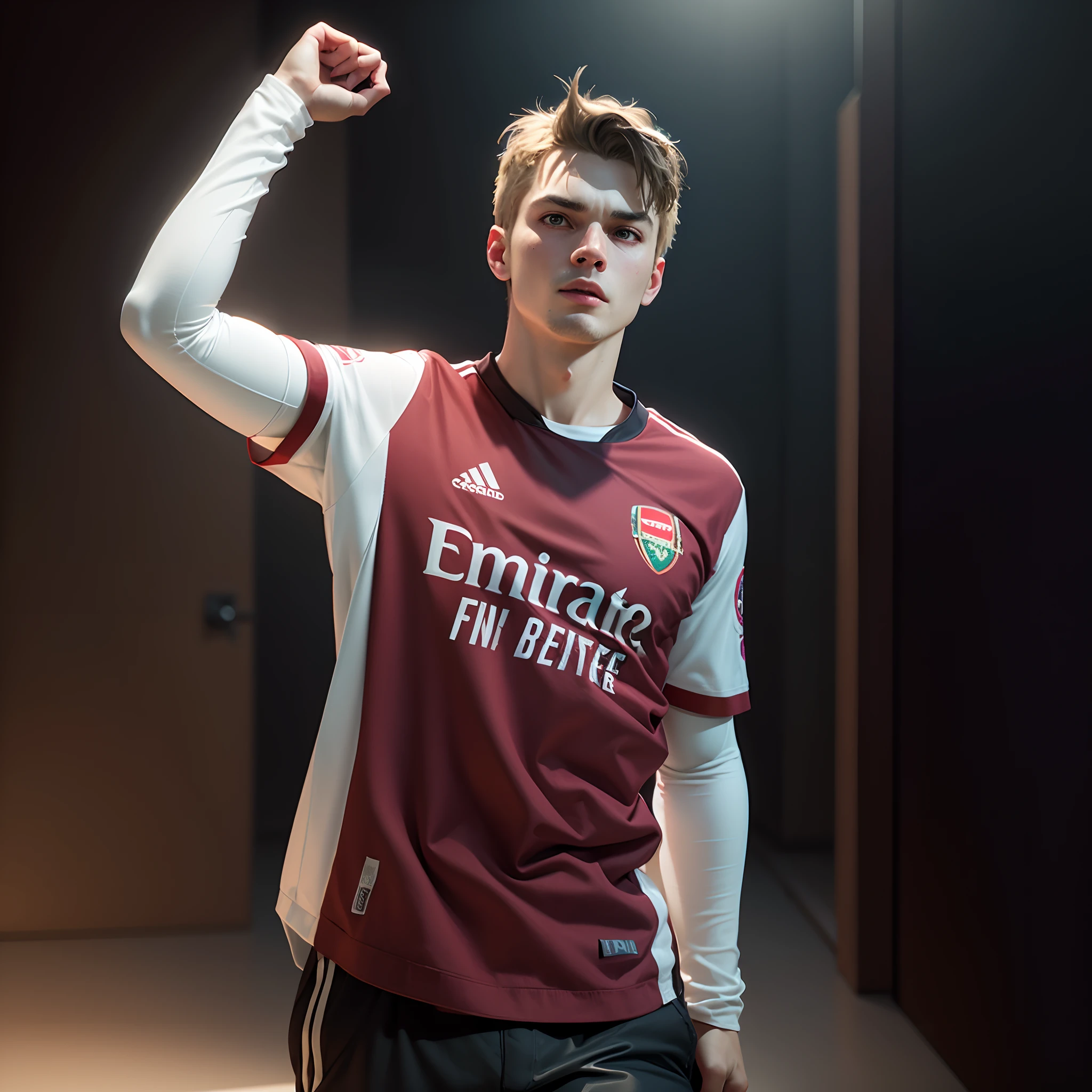 Player Martin Odegaard, roupa do Arsenal hiper realista, chibi, fofinho, desenho animado, cinematic lighting effect, desenho, arte vetorial 3d, peculiar fofo, arte de fantasia, bokeh, handdrawn, pintura digital, Smooth illustration, isometric style , 4K分辨率, photorealistic render, Limpeza altamente detalhada, Imagem vetorial, Obra-prima fotorrealista, Fotografia profissional, simple space backdrop, Fundo branco plano, isometric, Vetor vibrante.