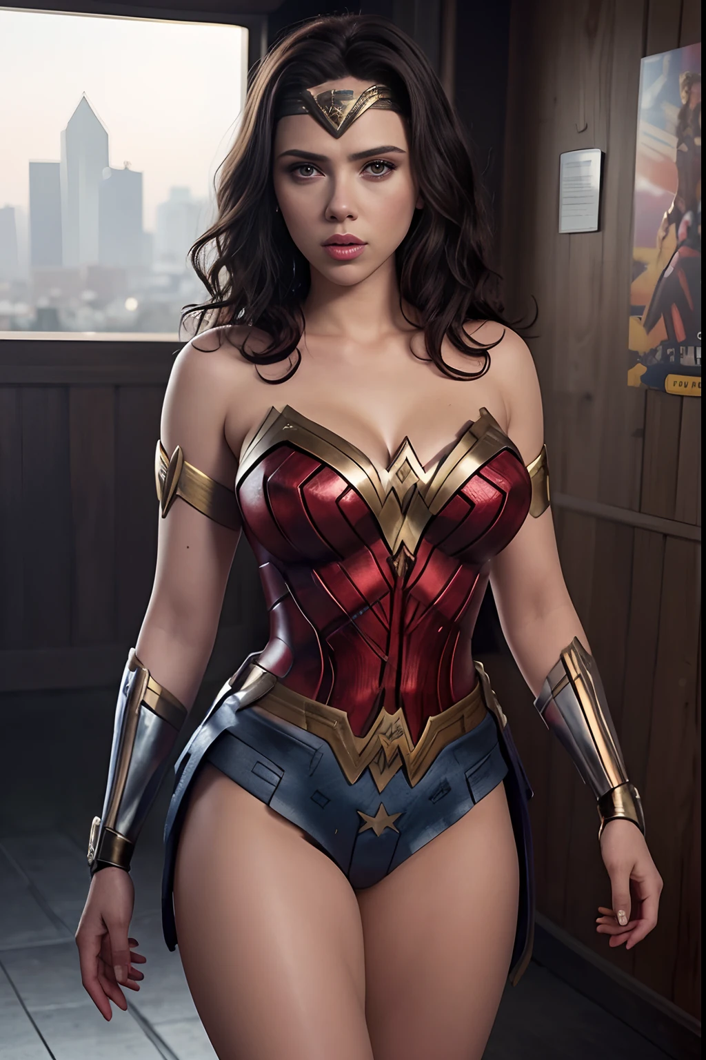 (((Scarlett Johansson in a Wonder Woman cosplay))) ,(((cleavage))),(((sexy))), ((hourglass figure)), lipstick, dynamic pose, (San Diego Comic-con background), photorealistic, masterpiece, realistic, realism, photorealism, high contrast, photorealistic, 8k HD high definition detailed realistic, detailed, skin texture, hyper detailed, realistic skin texture, best quality, (photorealistic:1.4), high resolution, detailed, raw photo, photo realistic, (high detailed skin:1.2), 8k uhd, dslr, soft lighting, high quality, film grain, Fujifilm XT3), hyper realistic lifelike texture dramatic lighting unreal engine, even, neutral light, key light, bold, bright colours,
