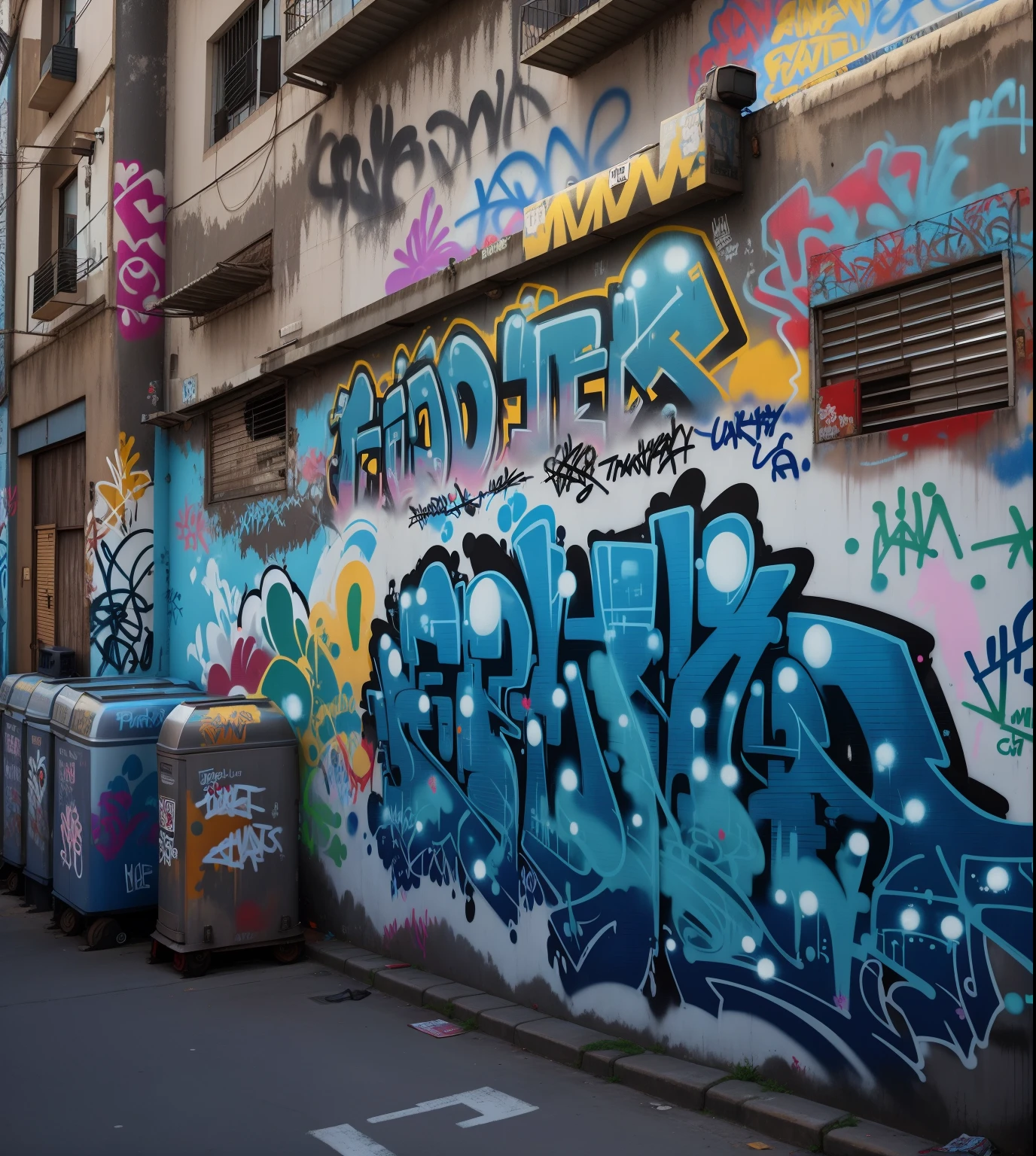 Graffiti covered wall of building in city with dumpsters, graffiti on walls, graffiti on the walls, cidade + fundo do graffiti, tinta grafitti, salpicado com arte de grafite, Graffiti Buff, Graffiti Arte de Rua, parede com grafite, grafite urbano, parede com grafite colorido, arte do grafitti, grafite no fundo, graffiti on the wall, estilo grafite, graffiti on wall