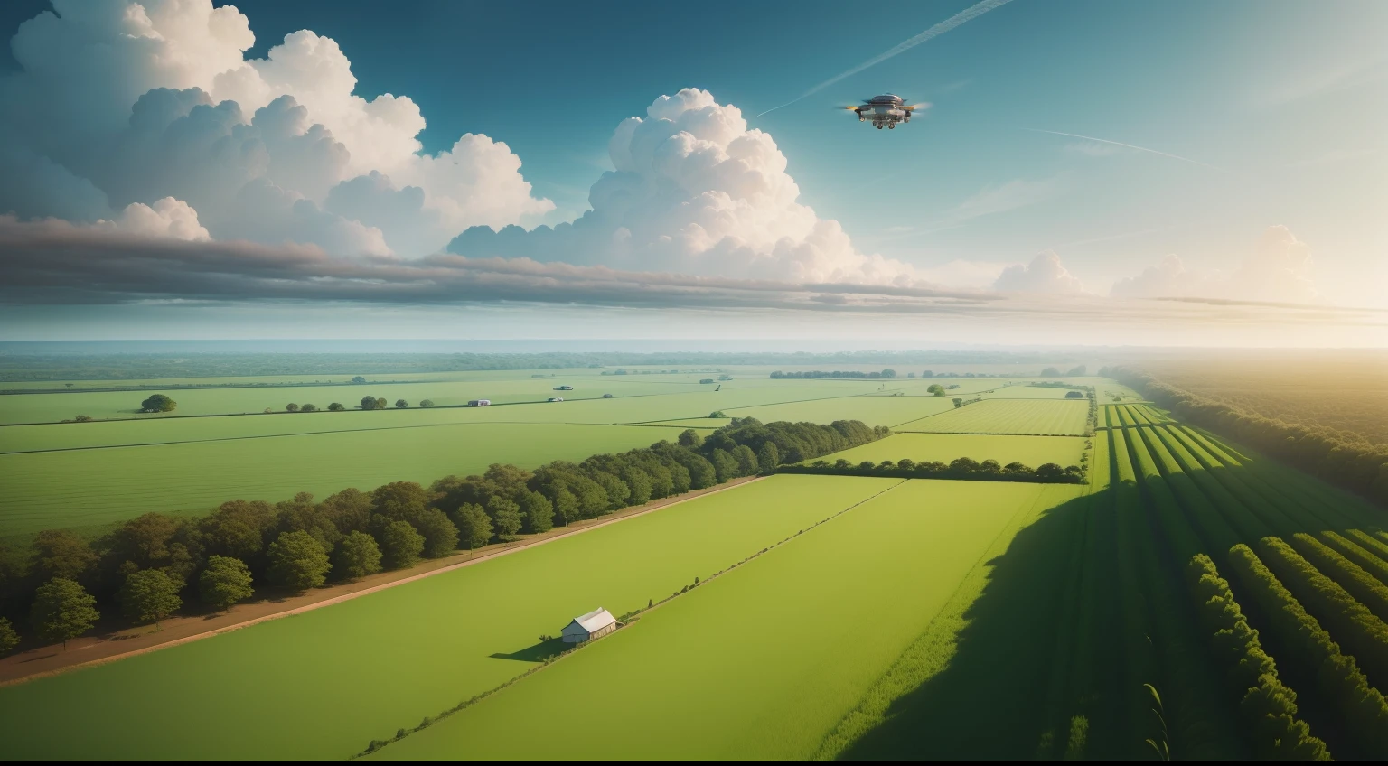 A futuristic farming scenario, com pessoas, agricultural drones working on the plantation. Supervisionador por naves, Super detalhada(HD).