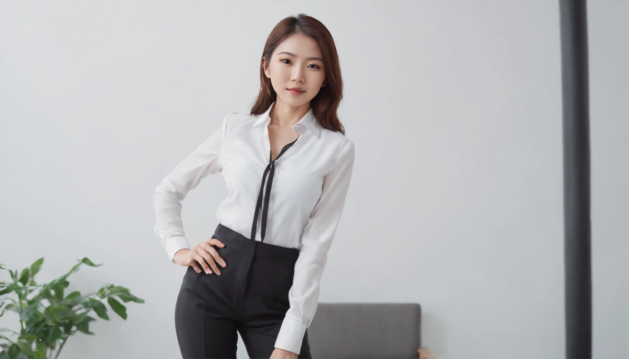 Japanese Business woman in a black suit, white shirt and black pants posing suit for a picture on the white backround, Business woman in a black suit, white shirt