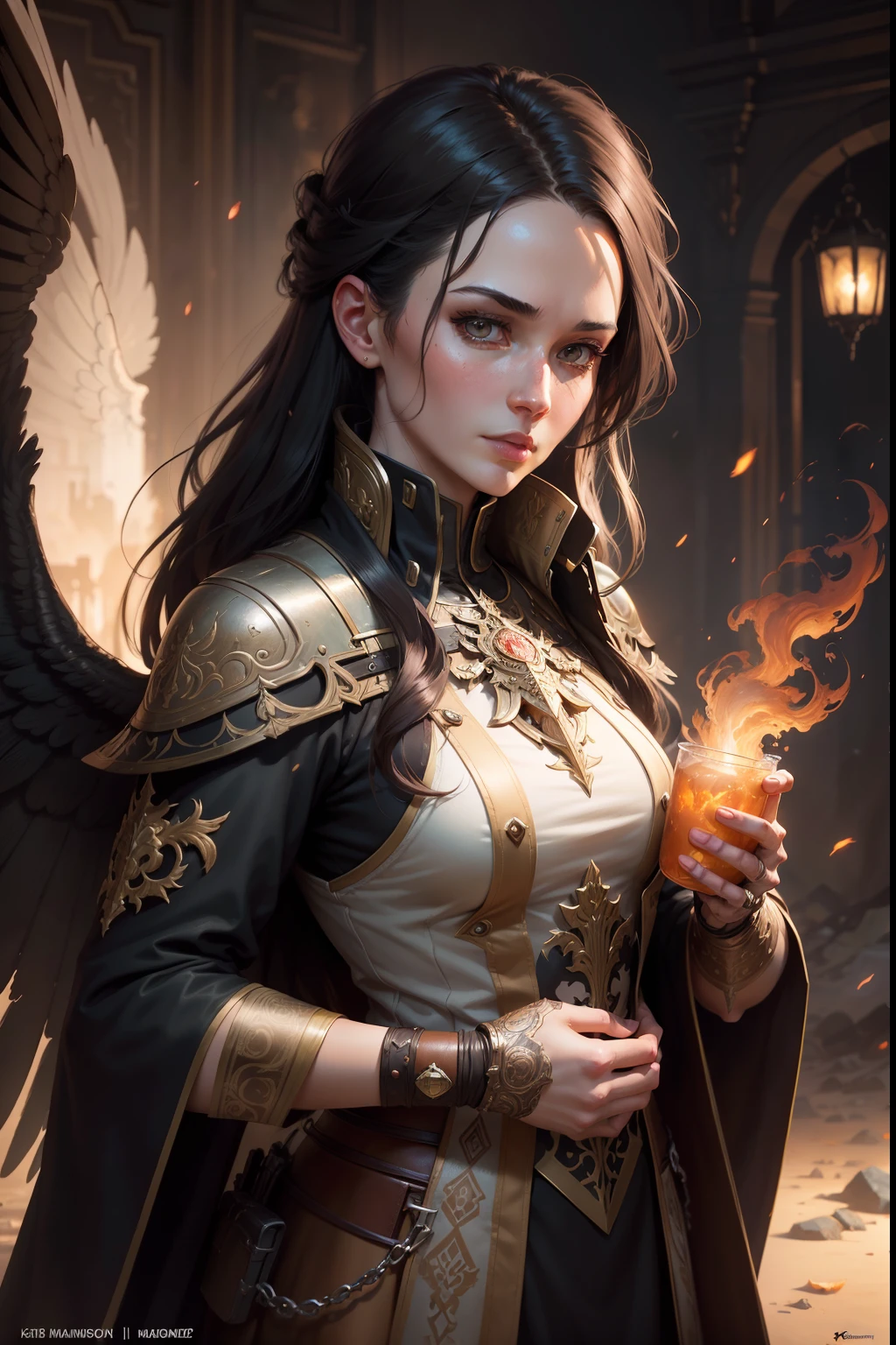 A portrait of a handsome of sks Girl, post apocalyptic winged firemancer, intricate, elegant, highly detailed, digital painting, artstation, concept art, smooth, sharp focus, illustration, art by Krenz Cushart and Artem Demura and alphonse mucha, ((fire in hands))