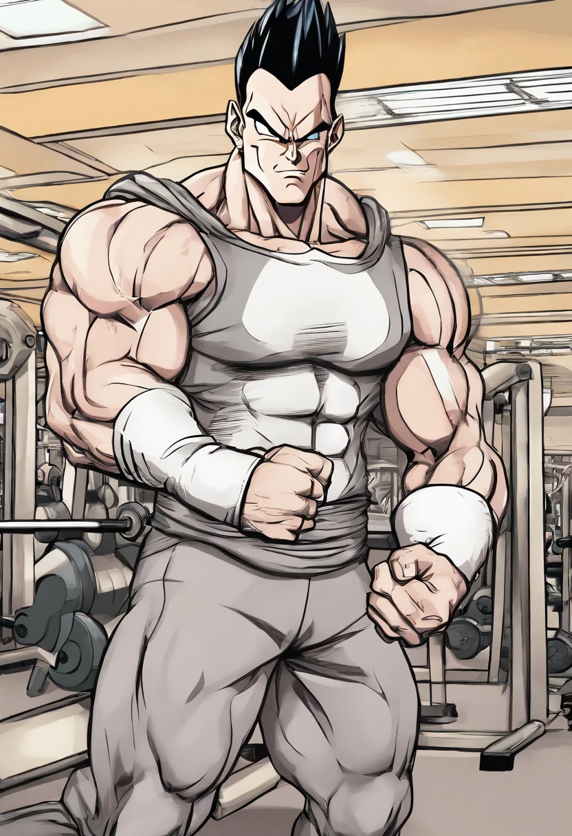 A detailed drawing of Vegeta's intense biceps workout in a bodybuilding gym.