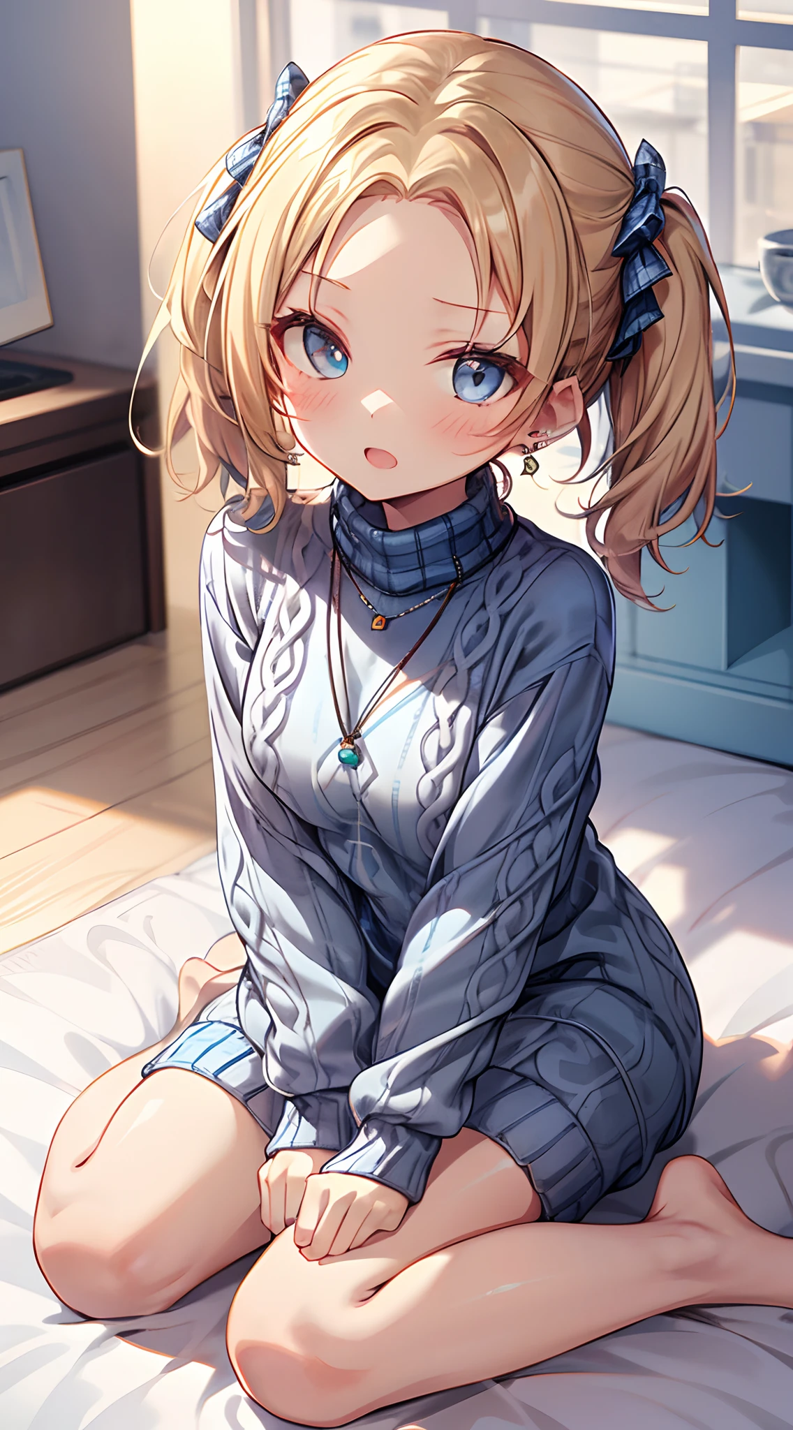 absurderes, ultra-detailliert,bright colour, extremely beautiful detailed anime face and eyes, view straight on, (Chibi:1.6), Short hair, (Forehead:1.3), Blonde hair with short twin tails, Shiny hair, Open mouth,(Close one eye),Delicate beautiful face, red blush、(cyan eyes:1.1), White skin, hair clips, earrings, a necklace, (Blue Plaid Sweater Dress:1.5), Beautiful cloud, Dusk sky,Full body