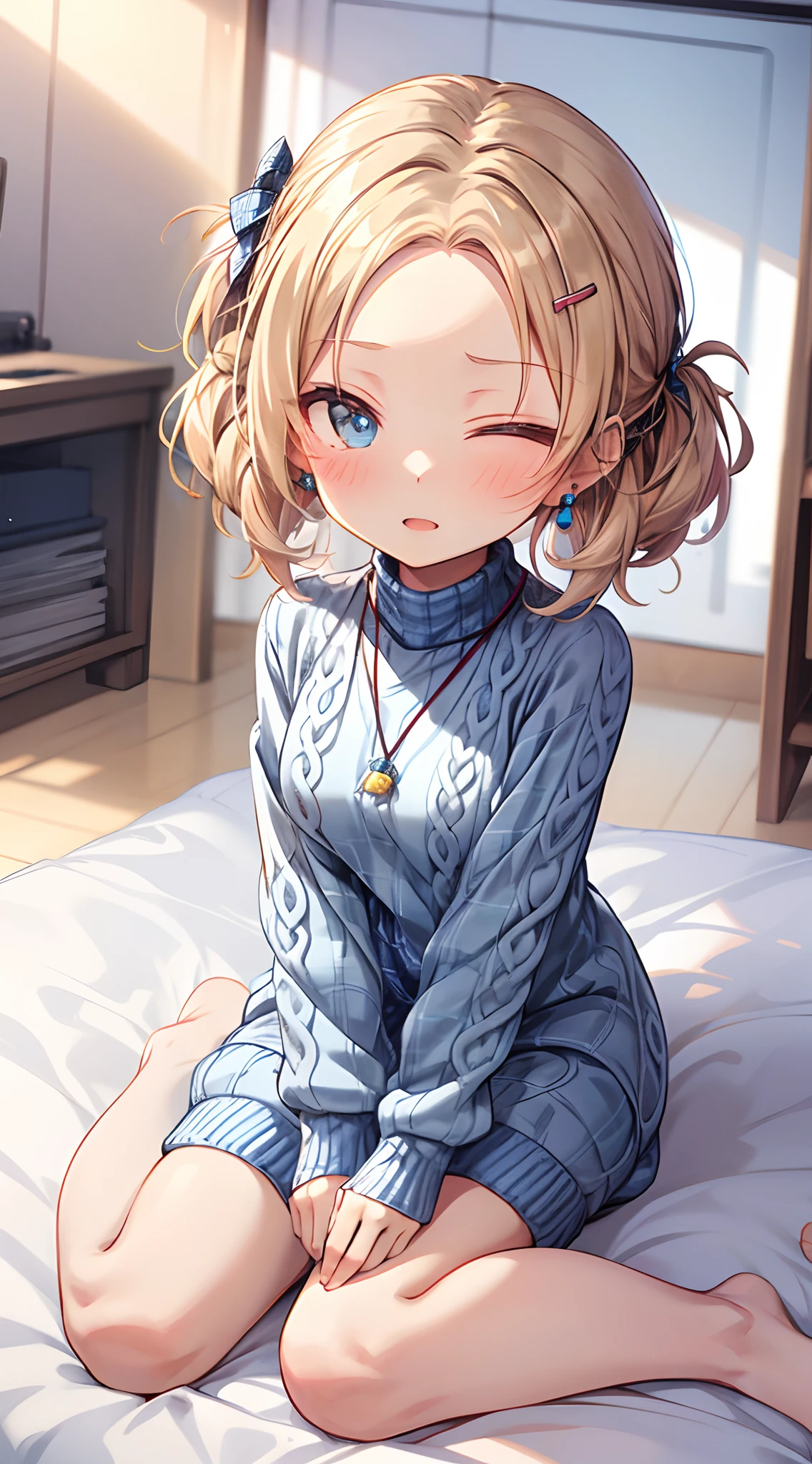 absurderes, ultra-detailliert,bright colour, extremely beautiful detailed anime face and eyes, view straight on, (Chibi:1.6), Short hair, (Forehead:1.3), Blonde hair with short twin tails, Shiny hair, Open mouth,(Close one eye),Delicate beautiful face, red blush、(cyan eyes:1.1), White skin, hair clips, earrings, a necklace, (Blue Plaid Sweater Dress:1.5), Beautiful cloud, Dusk sky,Full body