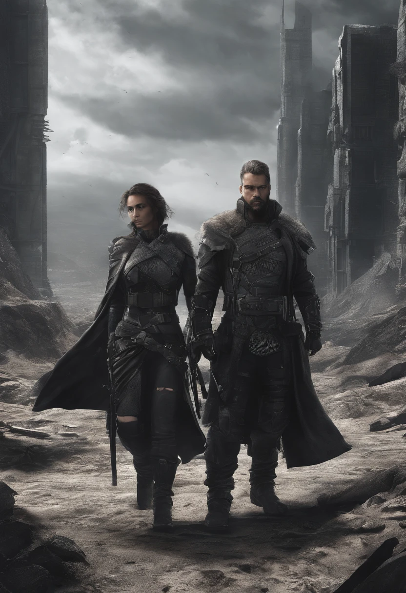 Retrato de um casal de guerreiros dark (homem e mulher), Armadura estilo Berserker, espada gigante, Ultra Detalhado, guerreiros das trevas, master part, highly detailed high resolution, arte conceitual, dramatic lighting, trending on Artstation and pinterest --ar 4:6 --uplight