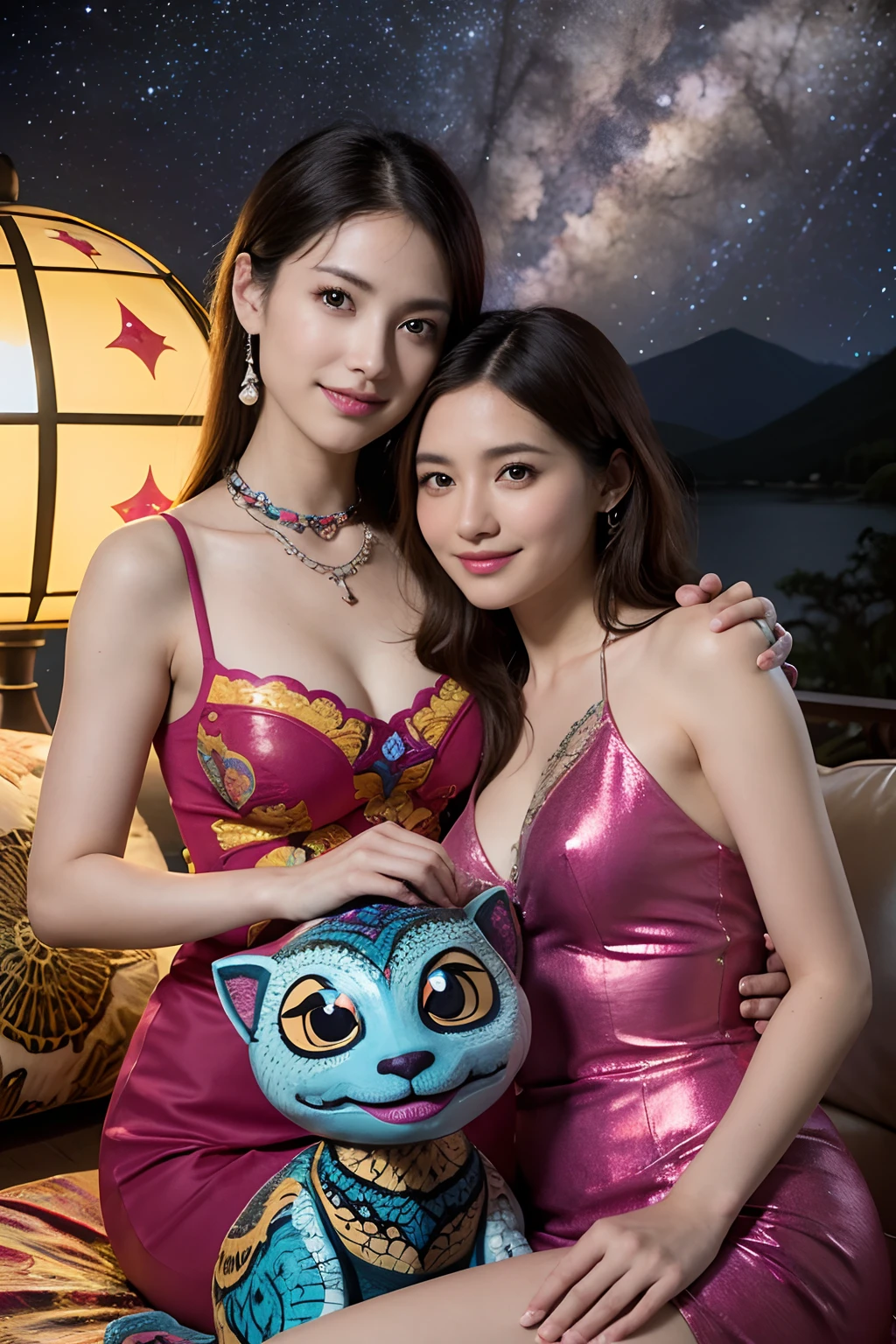 Smiling,Face focus,(Alebriès Art Style), Meteor shower in the starry sky, Several lesbians sitting together looking at the stars,leering,leering:1.3,Masterpiece, Best quality, intricately details, absurderes,,(Urzang-6500-V1 version.1,PureFace_V1,Octane rendering)