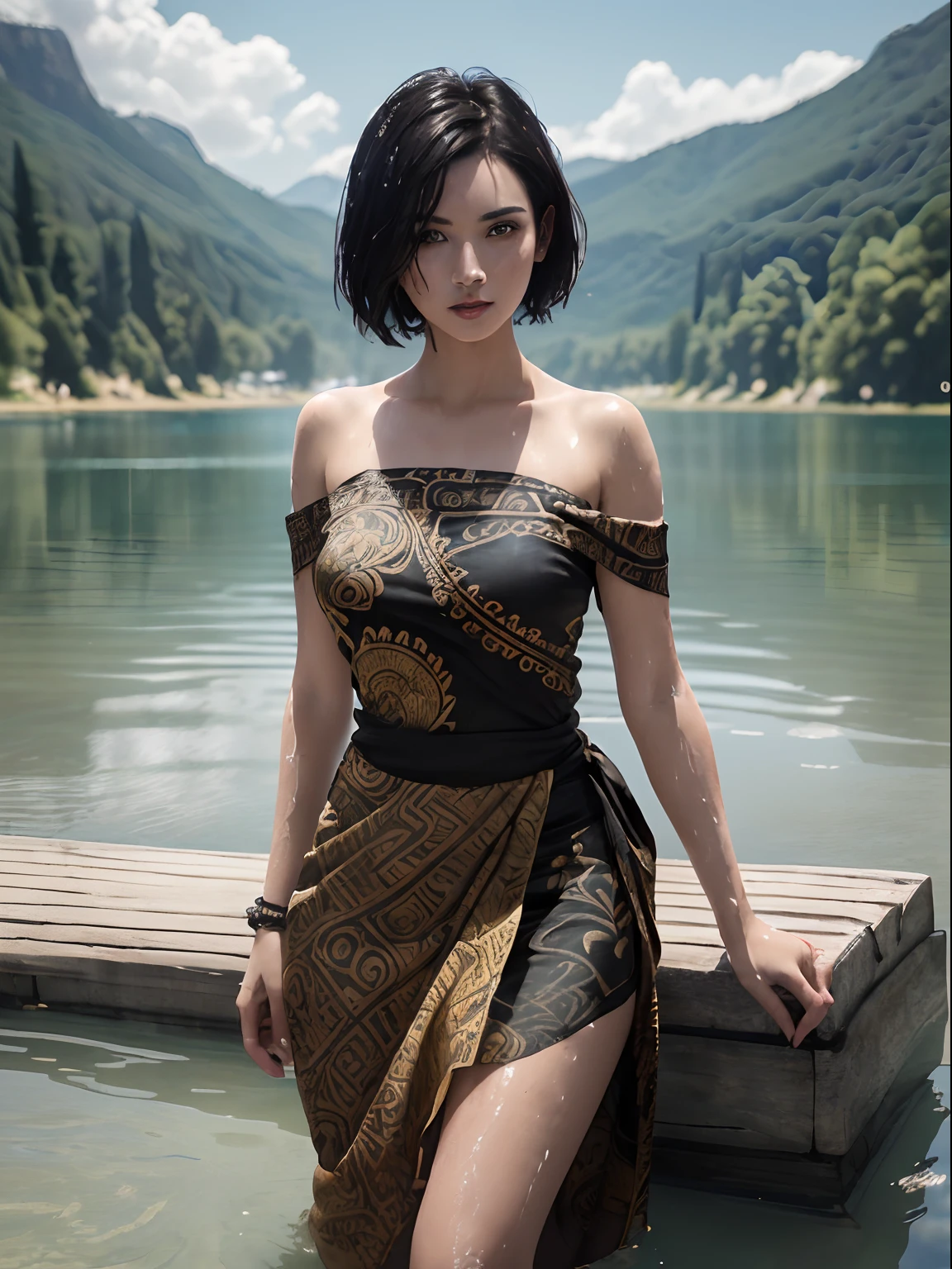 (A beautiful 25 years old female model bathing in the lake:1.4), (short black hair:1.2), (pale skin), (wearing brown and black tube top sarong dress with batik ornate:1.4), (lake background:1.2), (dynamic pose), natural lighting, photo realism, intricate face detail, intricate hand details, highly detailed, vibrant colors, cinematic, 8k, trending on Artstation--style raw