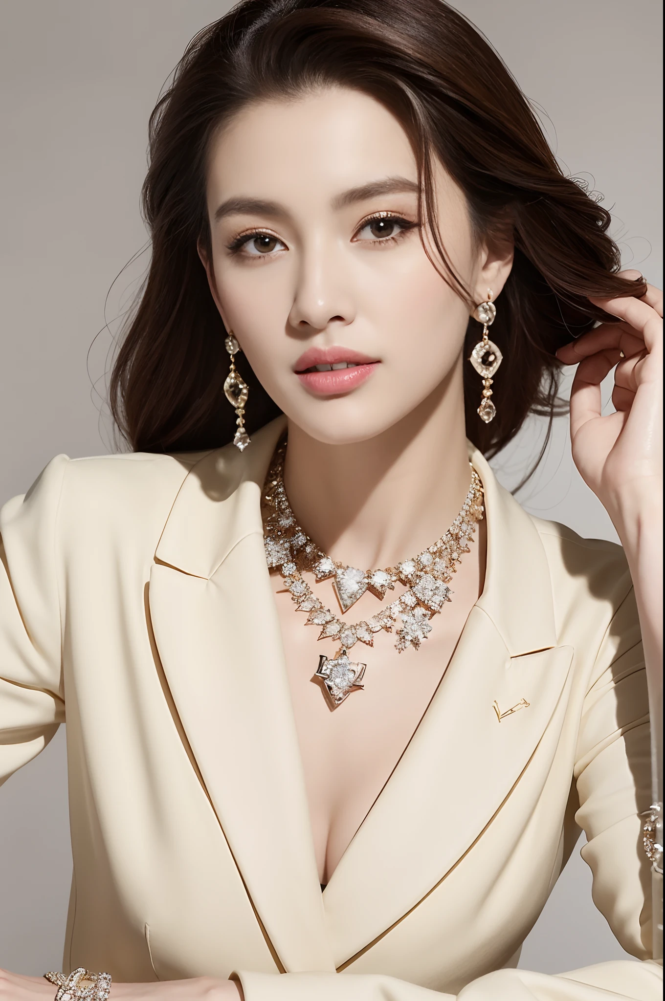 Close up portrait of woman in gorgeous dress, Diamonds around her neck, Gold or silver jewelry、Bvlgari style, wearing elegant jewellery, lv jewelry、Louis Vuitton、Chanel、Dior、Yves Saint Laurent、celine、modeled、ambassador、Adorned with high-brand jewelry