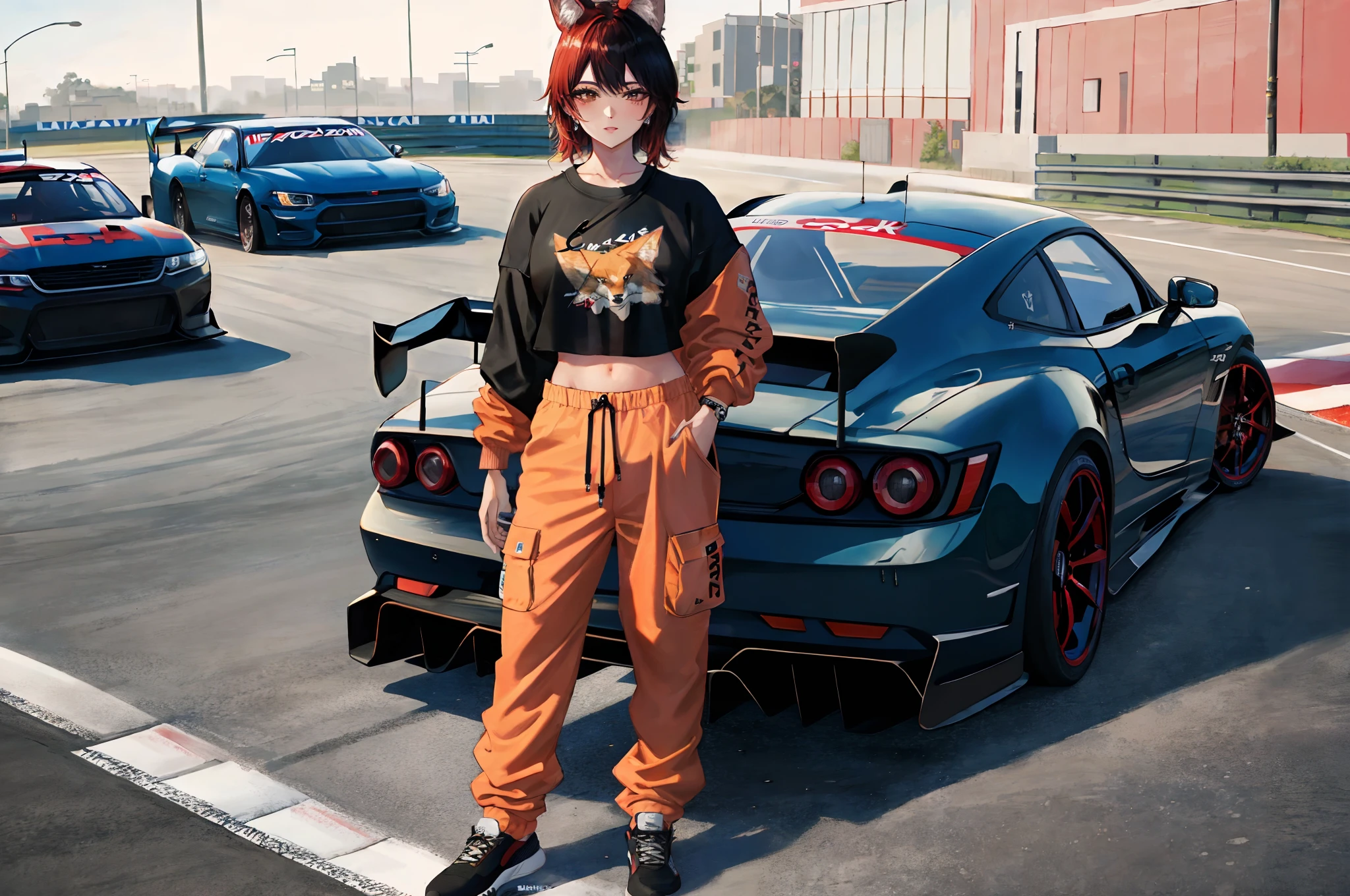 melhor qualidade, obra-prima, ((HD Full HD 2K 4K)), ((bishoujo)), ((coyote girl)), ((short top)), ((open sweatshirt)), ((long and baggy pants)), ((full body view)), ((street racing car in the background)), ((full vehicle view)), (((fully detailed)))