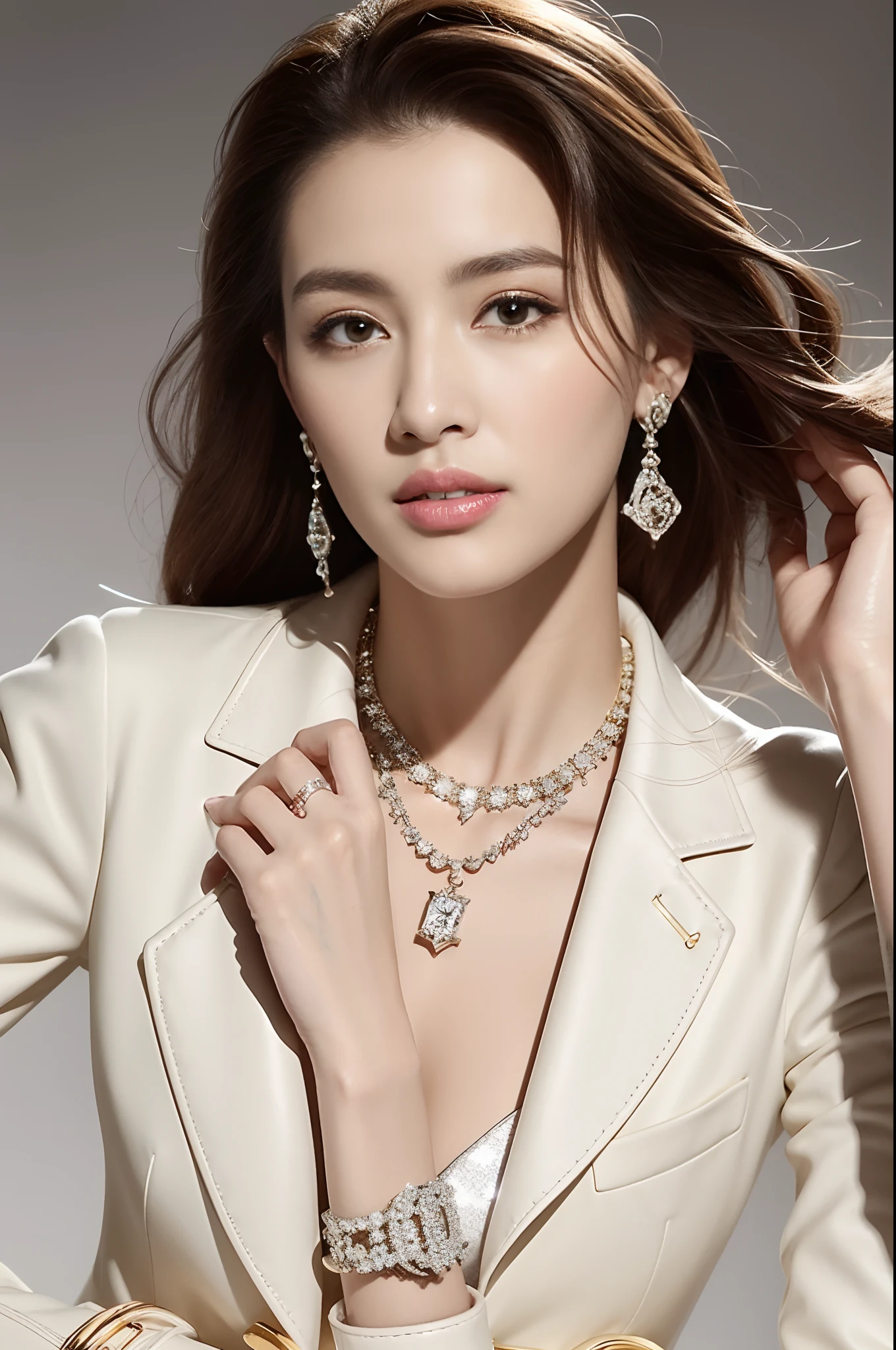Close up portrait of woman in gorgeous dress, Diamonds around her neck, Gold or silver jewelry、Bvlgari style, wearing elegant jewellery, lv jewelry、Louis Vuitton、Chanel、Dior、Yves Saint Laurent、celine、modeled、ambassador、Adorned with high-brand jewelry