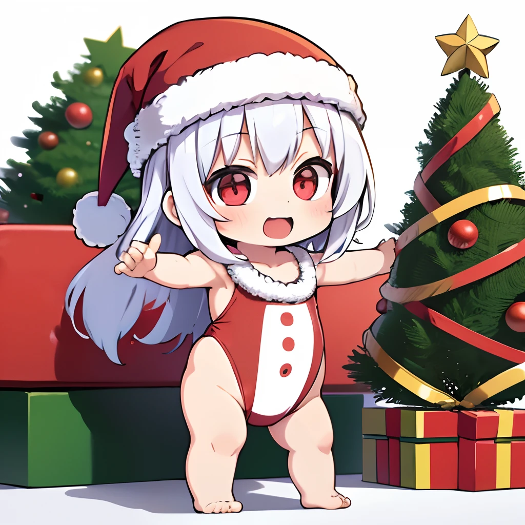 Best Quality, Extremely detailed, Anime, 1girl, Solo, (Toddler:1.3), (Baby:1.3), Chibi, 2 years old, Loli face, Laughing, Standing, Dynamic Angle, (onepiece swimsuit|santa costume), santa hat, red eyes, twin tail, white hair, Christmas Backgrounds, Christmas tree, Christmas,