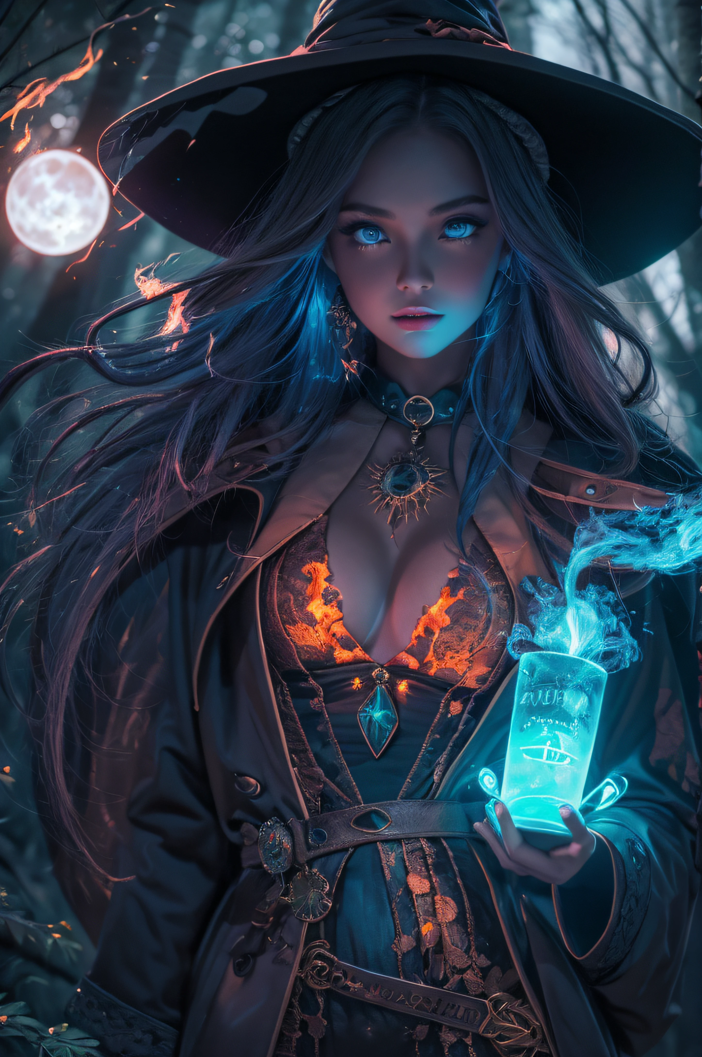 1 beautiful witch girl, ethereal beauty, witch hat, long coat floating, mini skirt, beautiful body, seductive body, beautiful face, detailed face, blue eyes, long hair, nighttime,moonlight, full moon, casting fire magic, fire magic around her, forest, forest plants with neon details, dark fantasy, holding a neon potion, high contrast, 4k art,