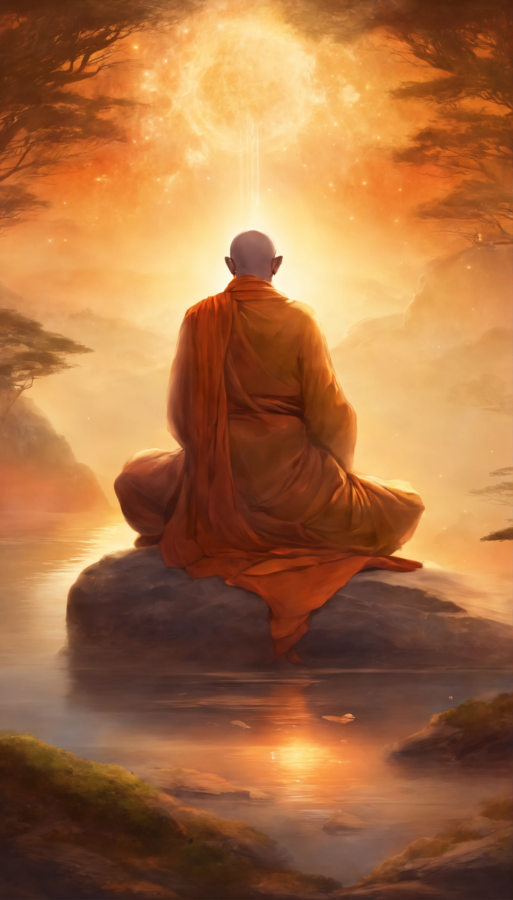 An old monk sits on a large rock，Extremely old monk，（Pray in a lotus pose），Buddhist monk meditation, On the road to enlightenment, Man has a deep connection with God, Zen meditation,Brown robe，(rear view)，from back，Post-solution，Great light，buddhism，beautiful image，epic cinematic shot，8k，