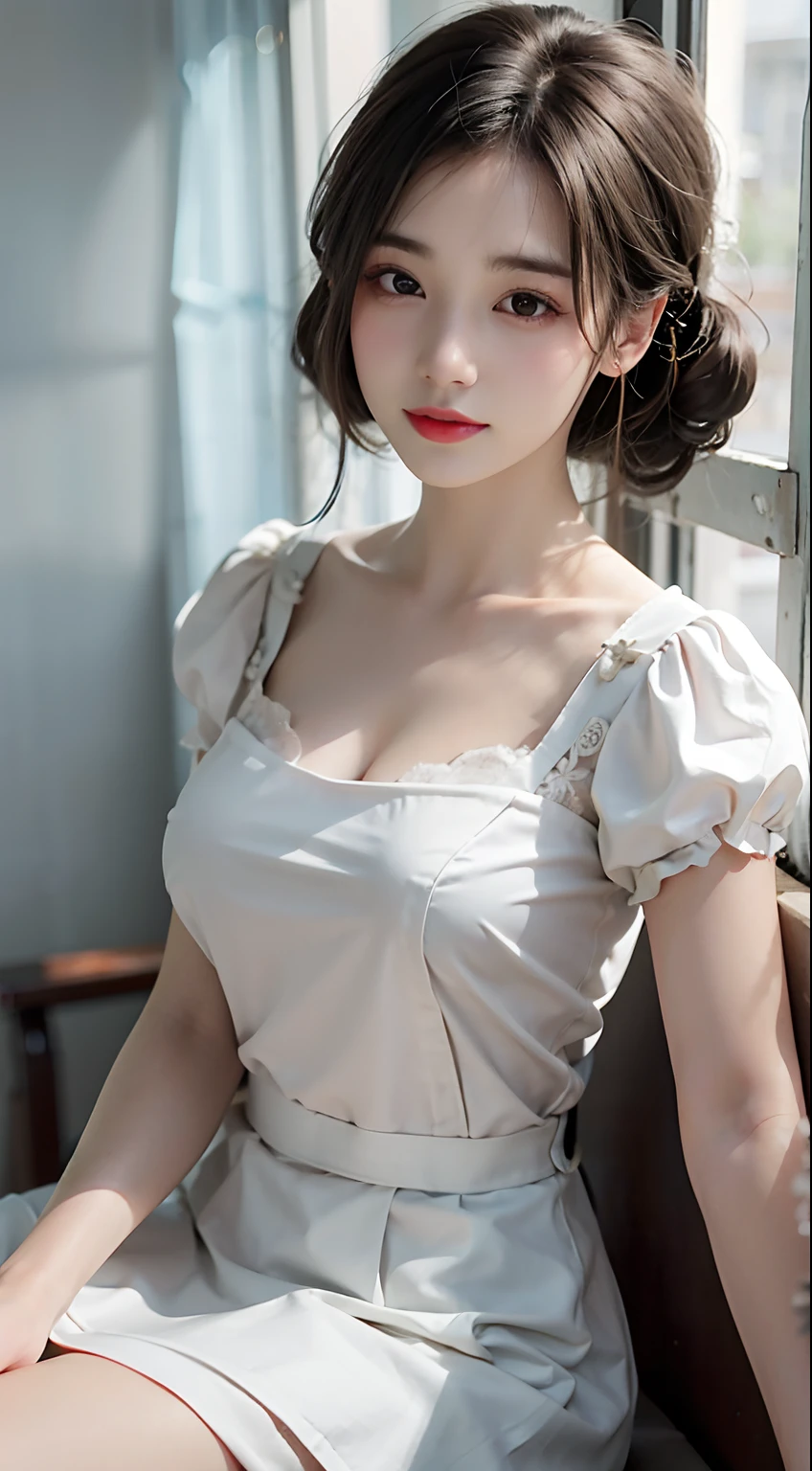 a close up of a woman sitting on a chair near a window, beautiful Korean women, a beautiful woman in white aodai, Gorgeous young Korean woman, Beautiful young Korean woman, Korean girl, Lovely woman, gorgeous chinese models, a cute young woman, A beautiful young woman, pale milky white porcelain skin, White top, Korean woman, Beautiful Asian girl