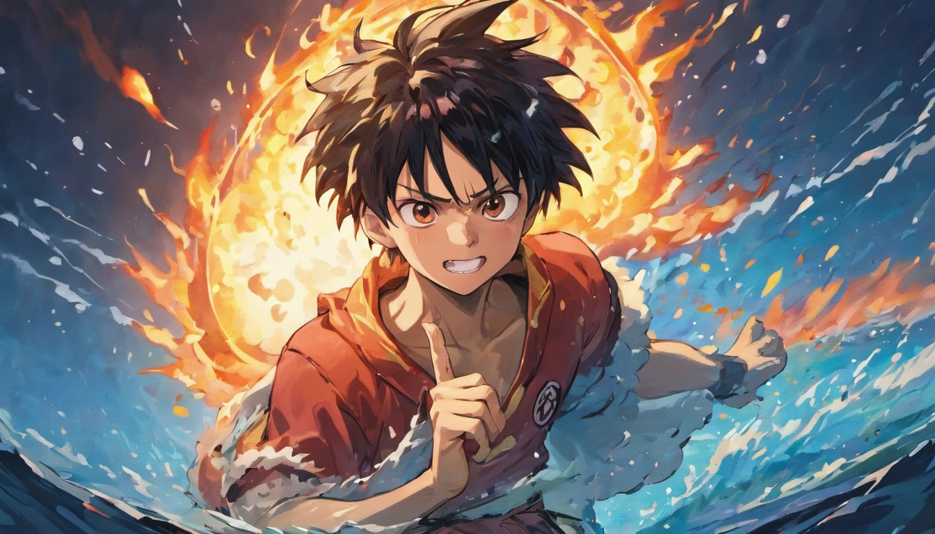 front view, flames, a monkey d luffy gear 5 , anime, front, sea on a ship, anime --ar 1:2 --v 4