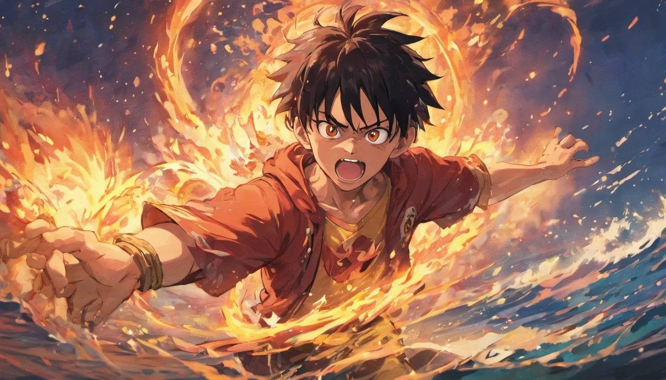 front view, flames, a monkey d luffy gear 5 , anime, front, sea on a ship, anime --ar 1:2 --v 4