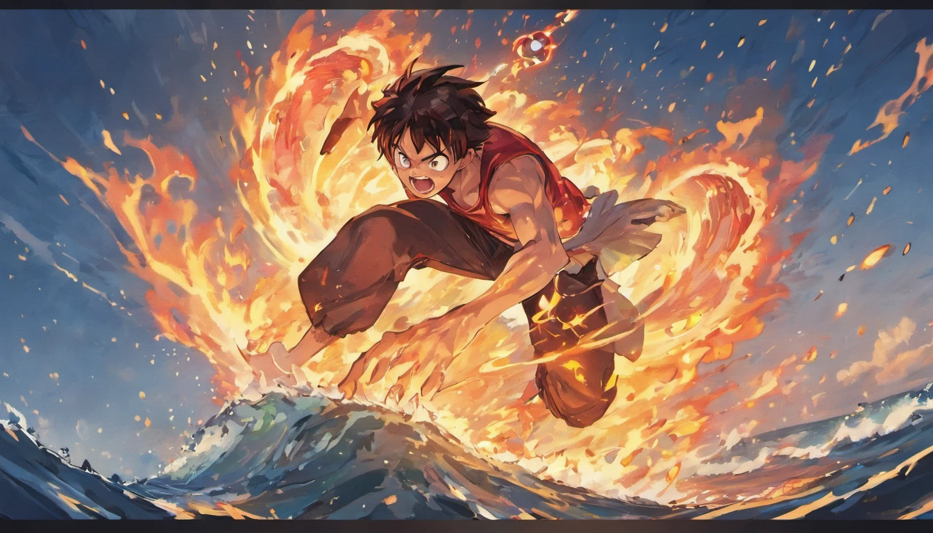 front view, flames, a monkey d luffy gear 5 , anime, front, sea on a ship, anime --ar 1:2 --v 4
