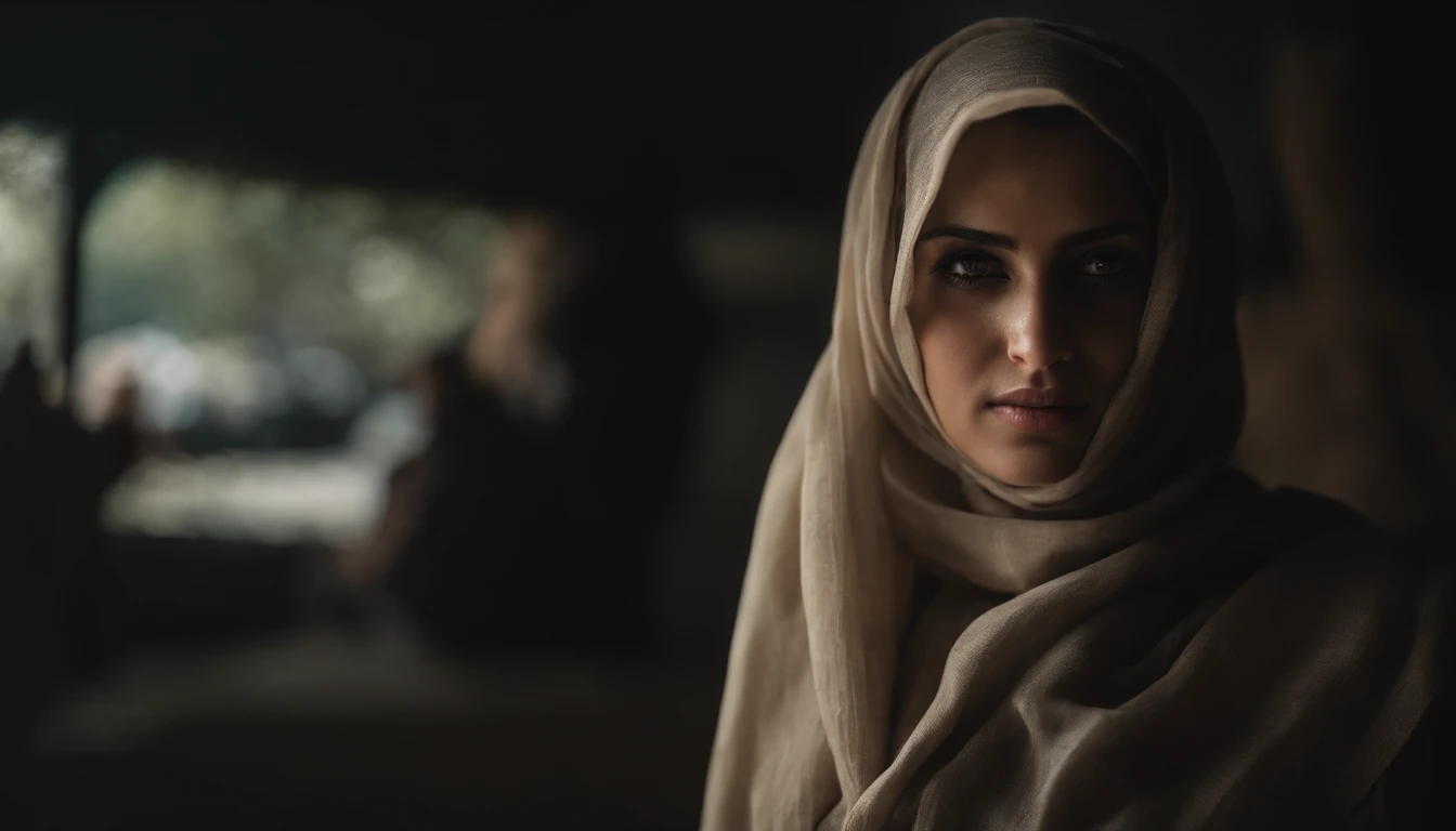 RAW photo,dark,moody,hazy atmosphere,35mm focal lenght,underexposed,cold,candid photograph,artistic,photograph of a beautiful,influencer,30yo Kurdish woman,hijab,detailed skin,fully naked,looking at viewer, candid pose,dim room,blue light, film grain, kodak color, instagram LUT