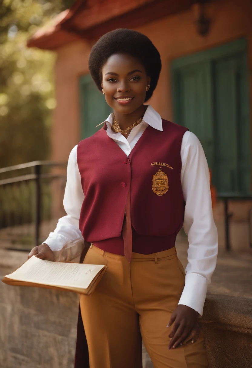 collegiate, mulata, de frente, with student clothes and diploma in hand