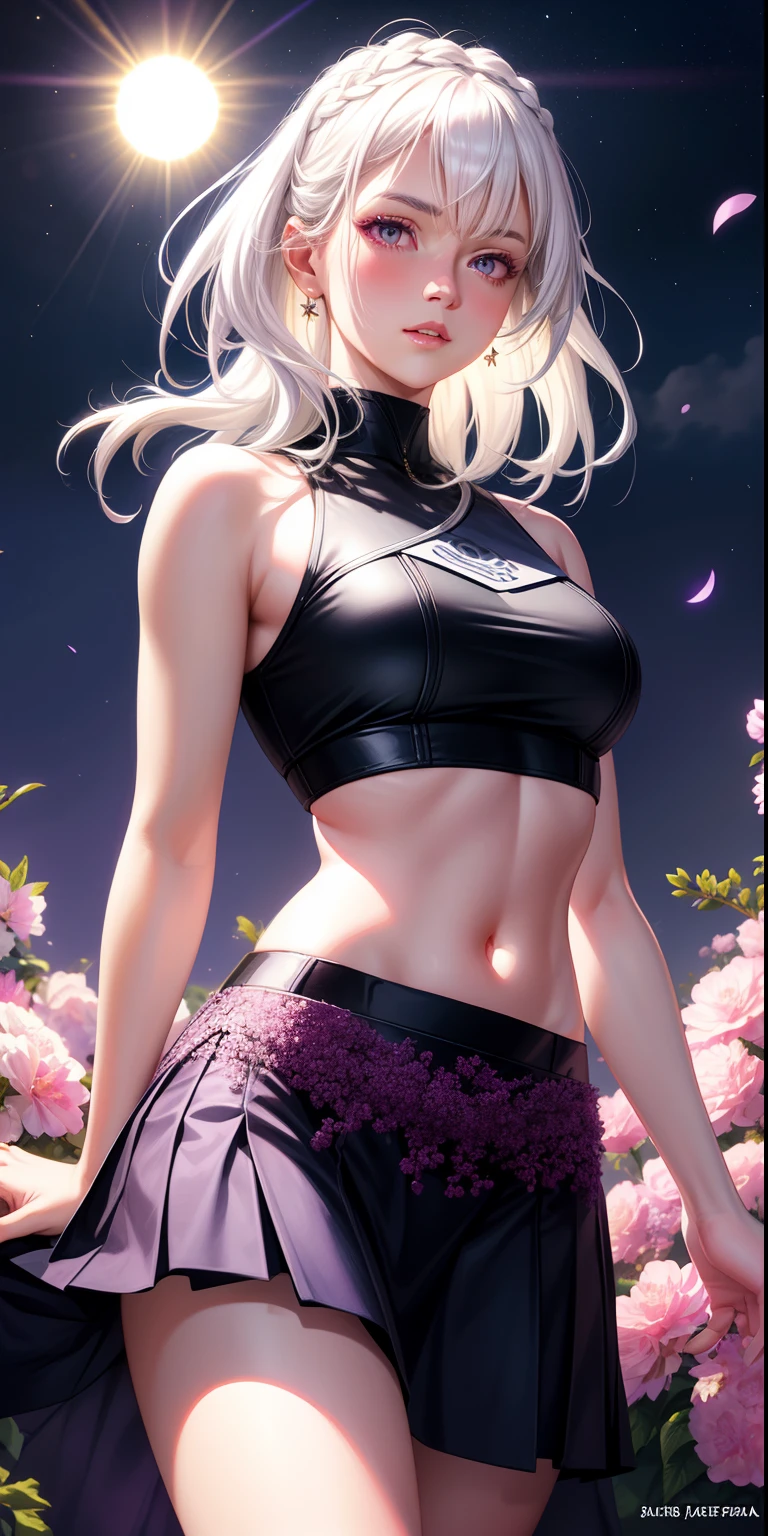 realistic, 1girl, white hair, purple eyes, glowing eyes, crop top, skirt, parted lips, blush, night, flowers, sun, sunlight,