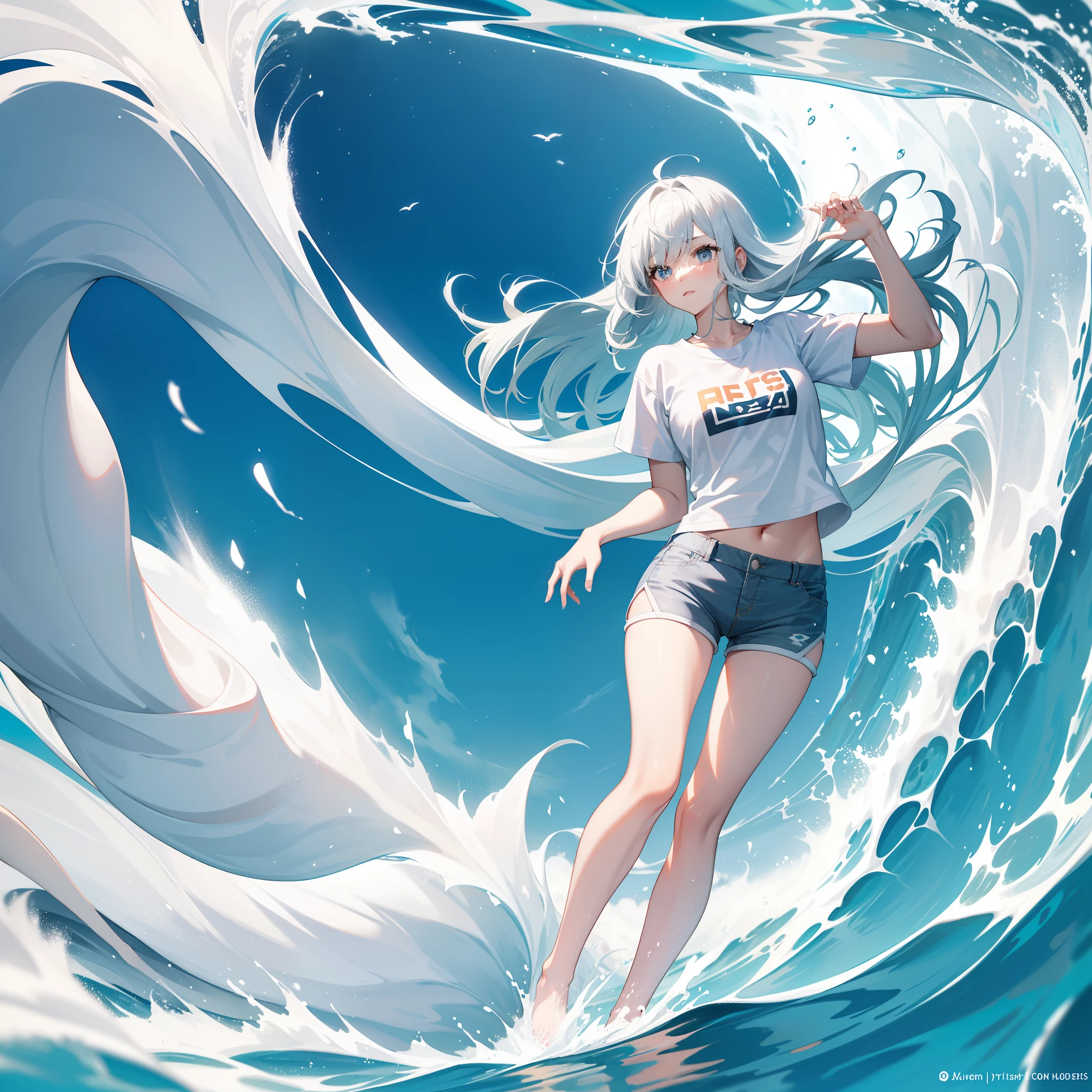 white short sleeve，Ultra shorts，Short sleeves cover shorts，Long legs，Big waves，a beauty girl