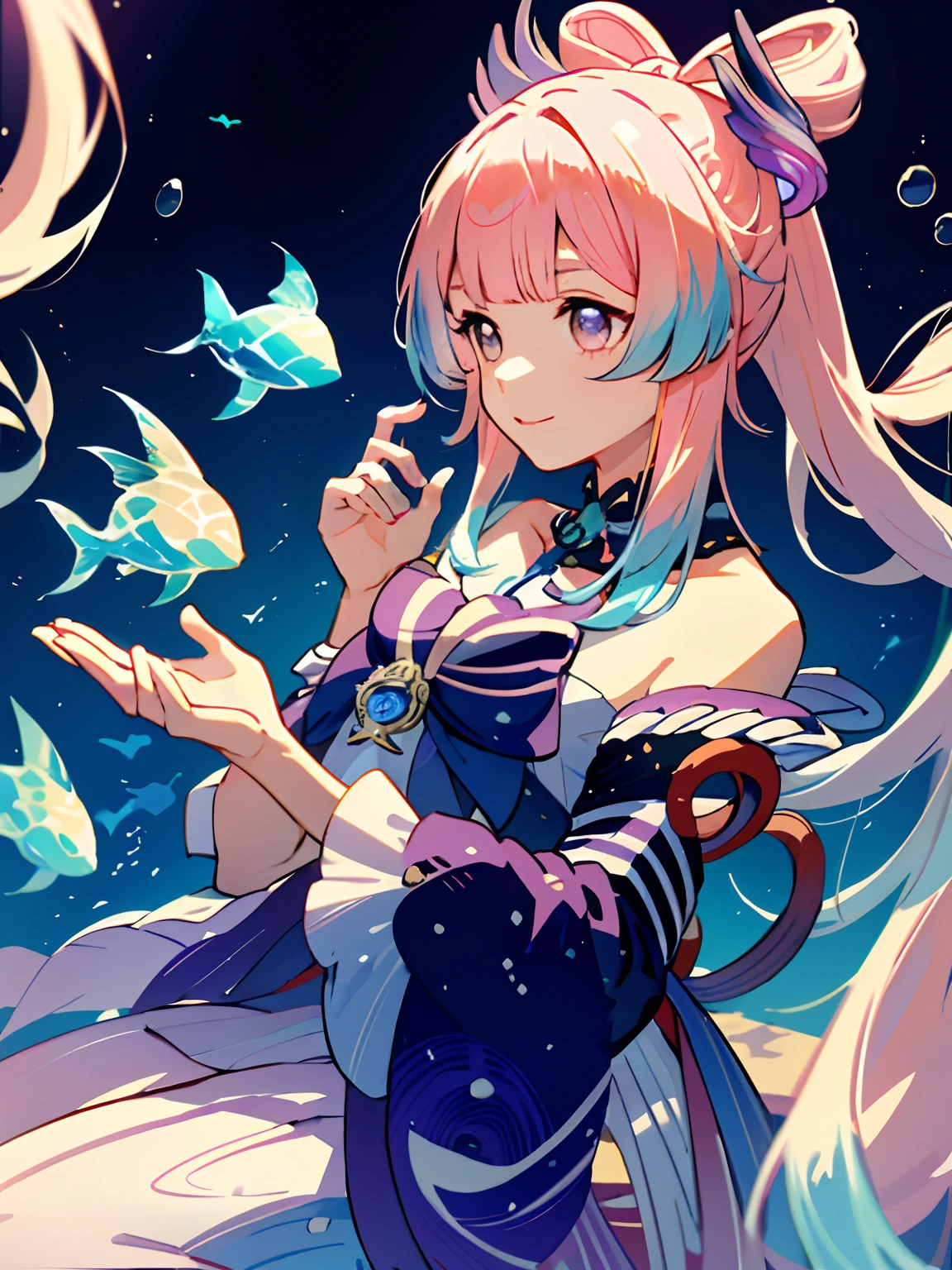 kokomi (Genshin Impact), 1 girl (Solo:1.4), Pink hair, Rainbow pastel colors, Play with fish underwater, Lots of fish on the background
