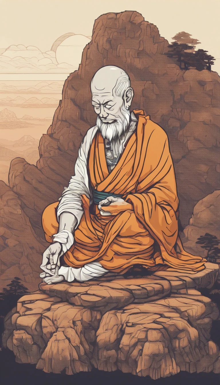 An old monk sits on a large rock,Extremely old monk,(Pray in a lotus pose),Buddhist monk meditation, On the road to enlightenment, Man has a deep connection with God, Zen meditation,brown robe,(Rear view),from back,After the solution,Big light,Buddhism,Beautiful image,epic cinematic shot,8K,